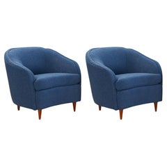 Mid Century Italian Lounge Chairs in Blue Boucle, a Pair