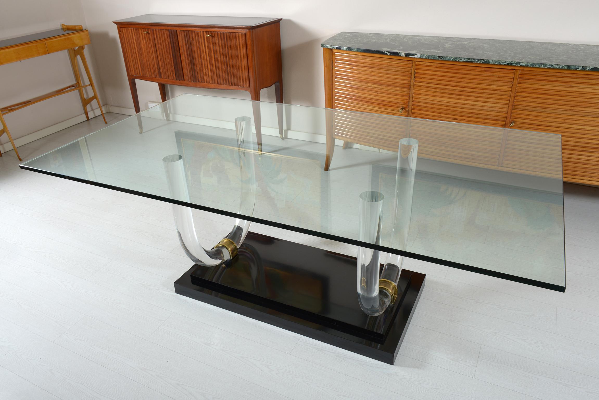 Mid-Century Modern Midcentury Italian Lucite Brass and Glass Dining Table, 1970