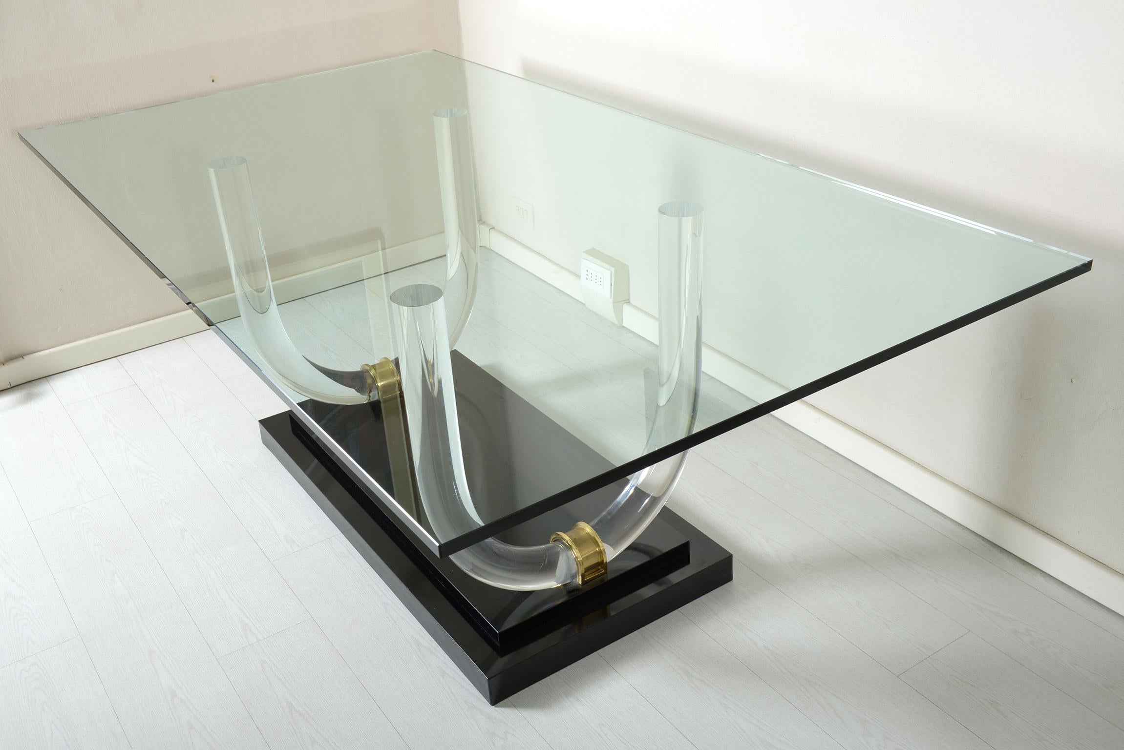 Late 20th Century Midcentury Italian Lucite Brass and Glass Dining Table, 1970