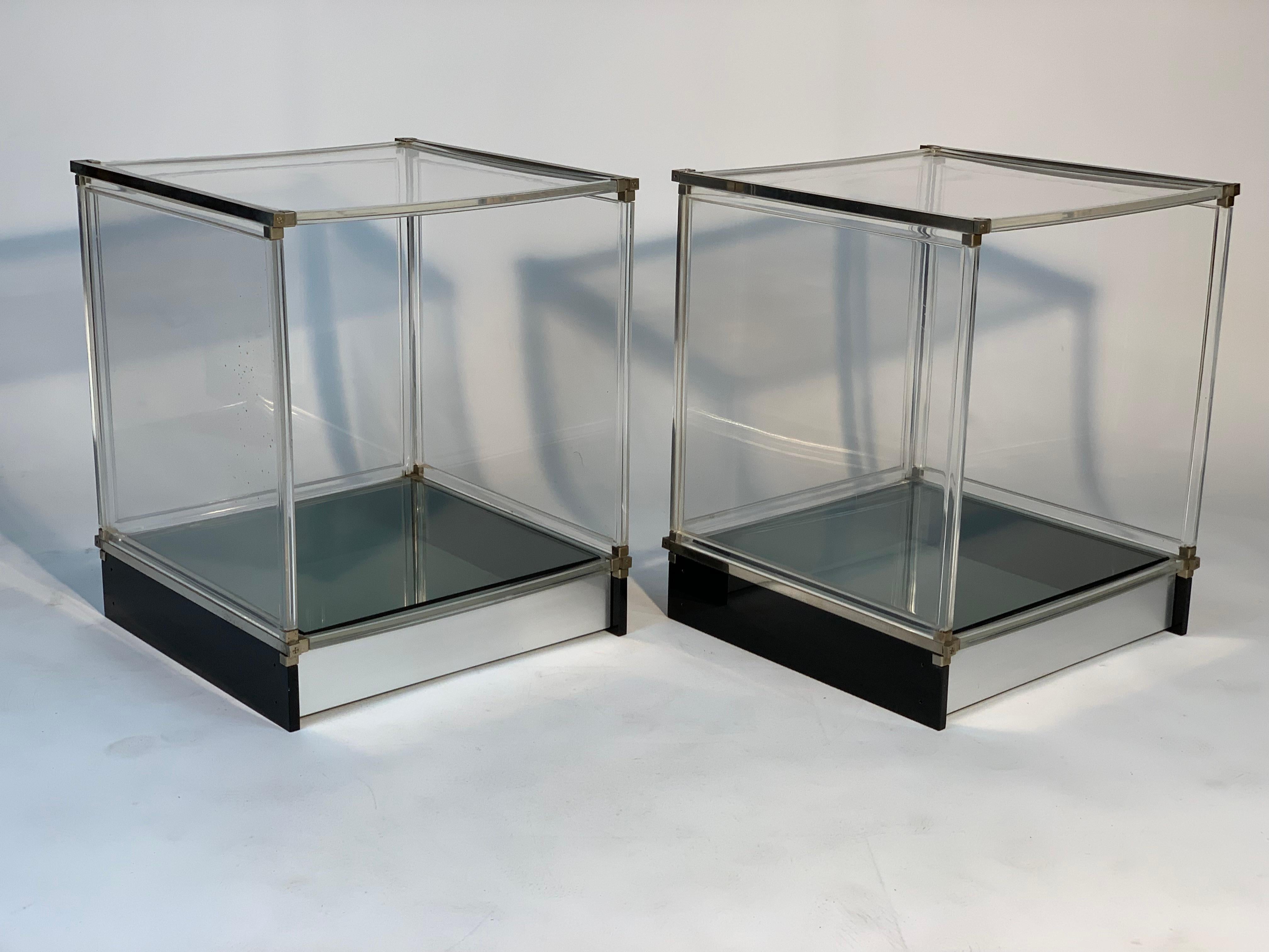 Late 20th Century Mid Century Italian Lucite Glass and Metal Side Table or Night Stand For Sale