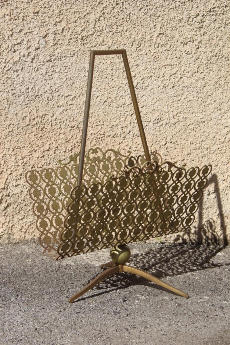 Mid-Century Italian Magazine Rack with Perforated Metal and Classic Design Brass For Sale 5