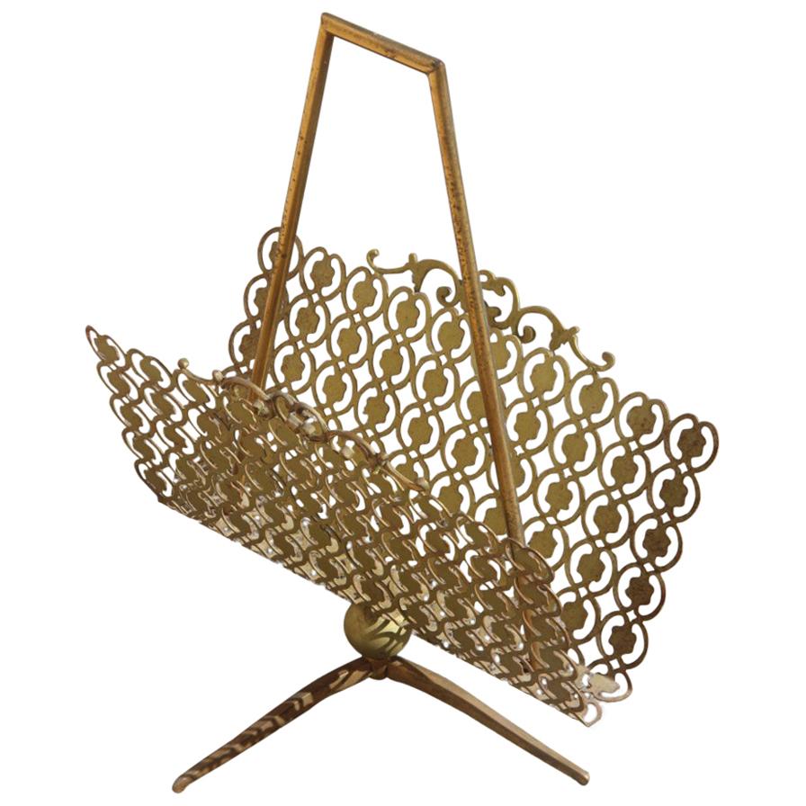 Mid-Century Italian Magazine Rack with Perforated Metal and Classic Design Brass For Sale