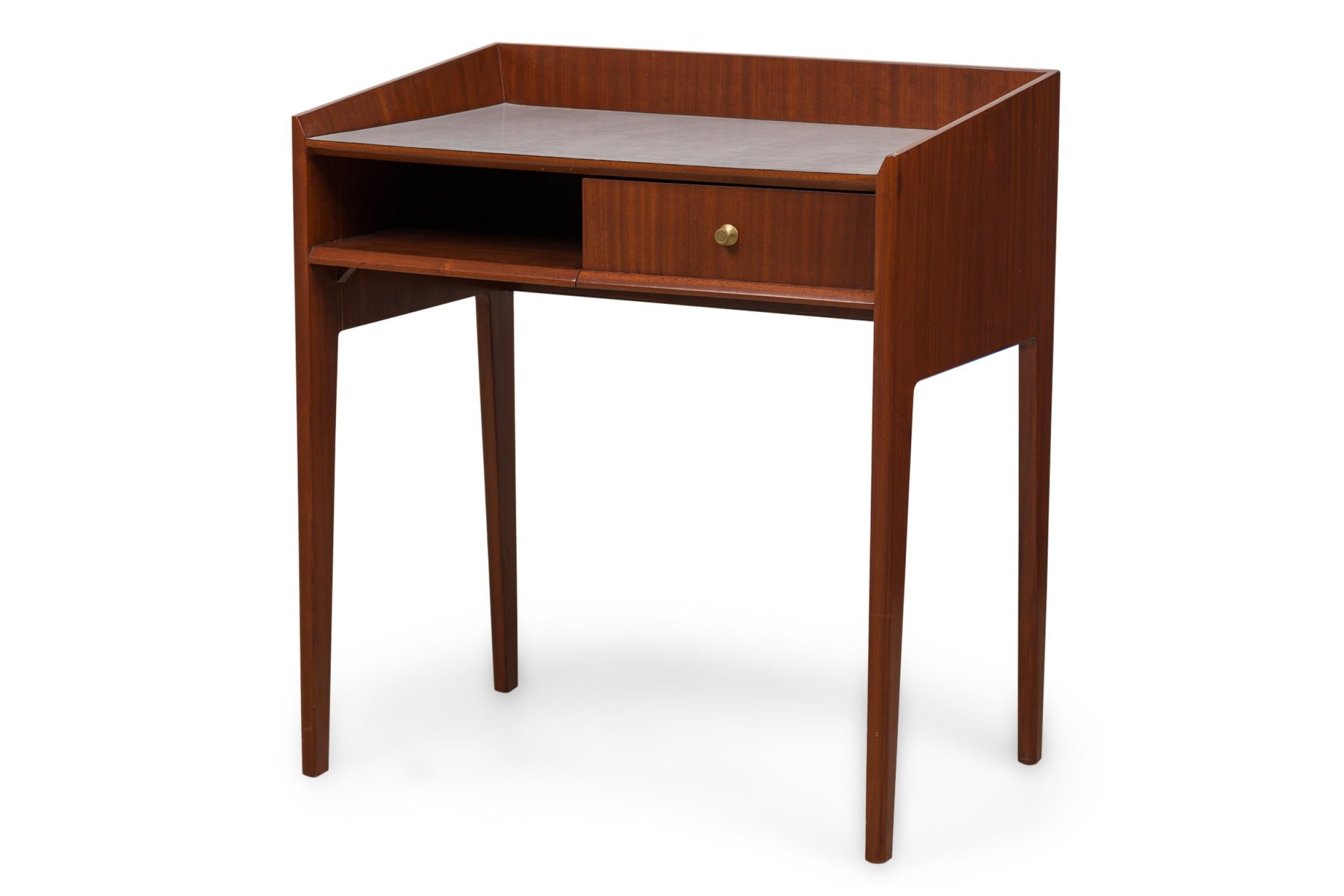Italian Mid-Century (1950s) mahogany end / side table featuring a high slanted back, slate blue formica top, pullout drawer and cubby storage space. (Style of GIO PONTI)
