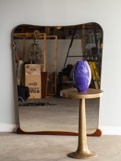 Midcentury Italian Mahogany Maple Brass Curved Mirror, circa 1940