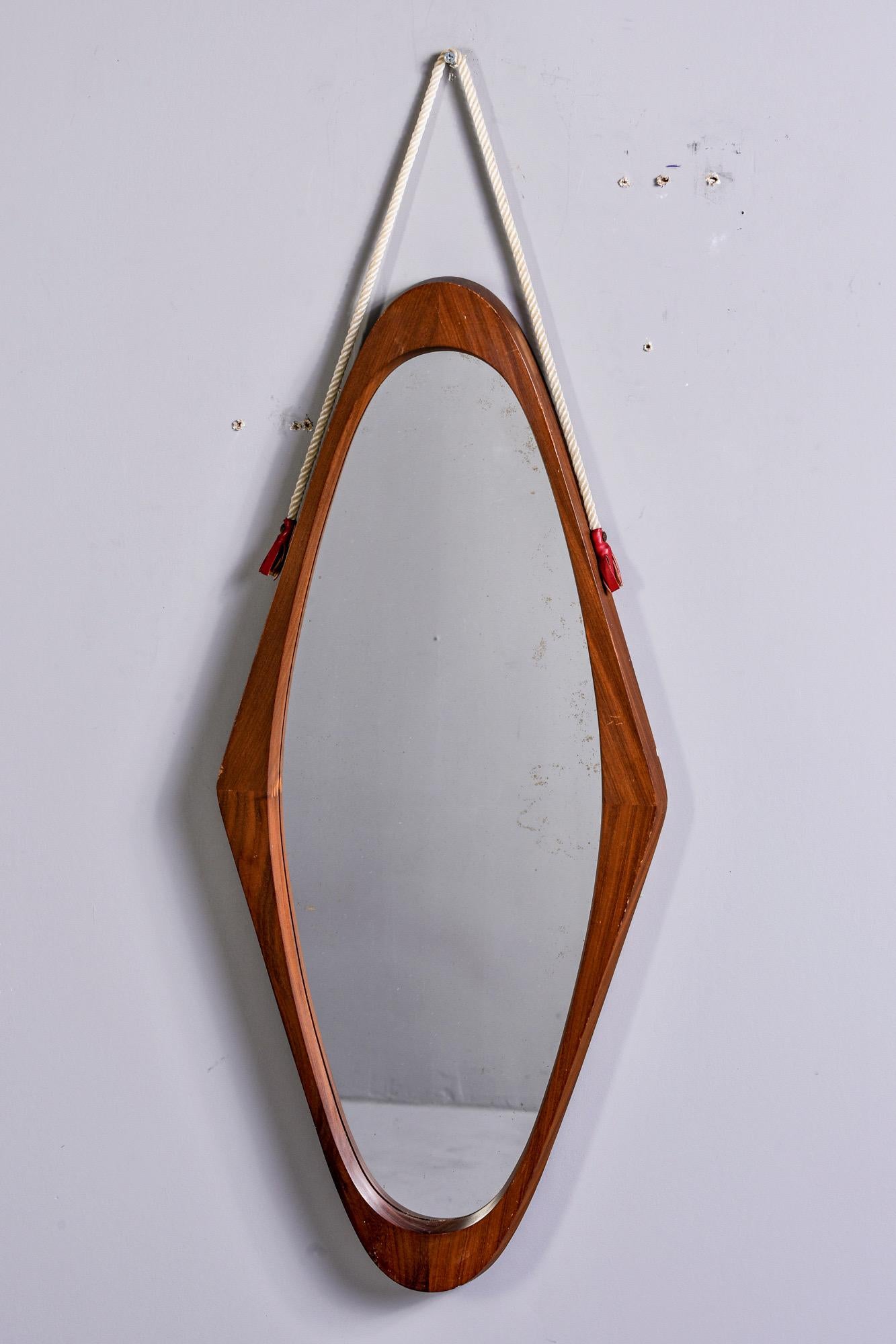 Mid-Century Modern Mid Century Italian Mahogany Oval Shaped Mirror with Rope Hanger For Sale