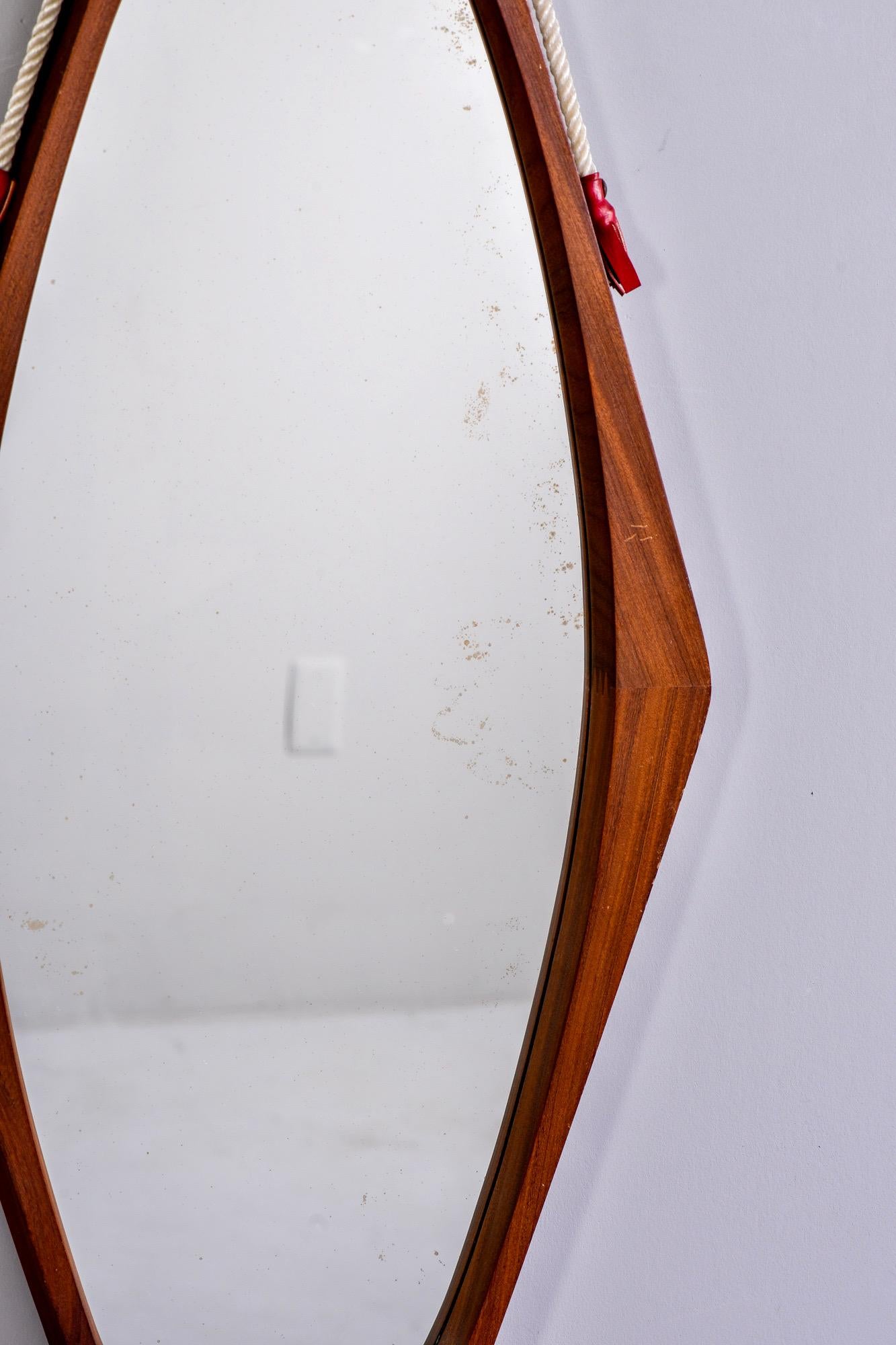 Mid Century Italian Mahogany Oval Shaped Mirror with Rope Hanger For Sale 2