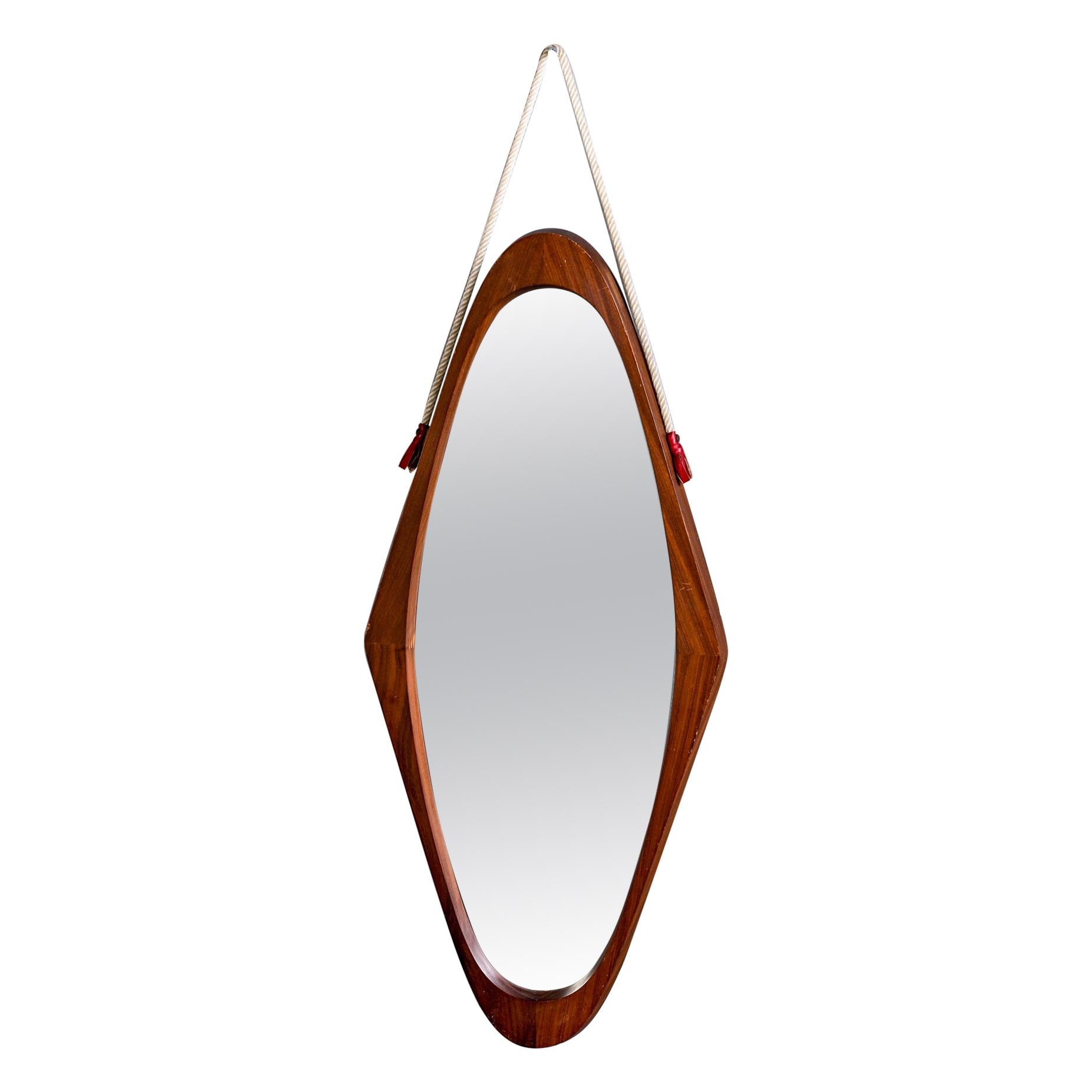 Mid Century Italian Mahogany Oval Shaped Mirror with Rope Hanger For Sale