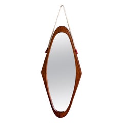 Mid Century Italian Mahogany Oval Shaped Mirror with Rope Hanger