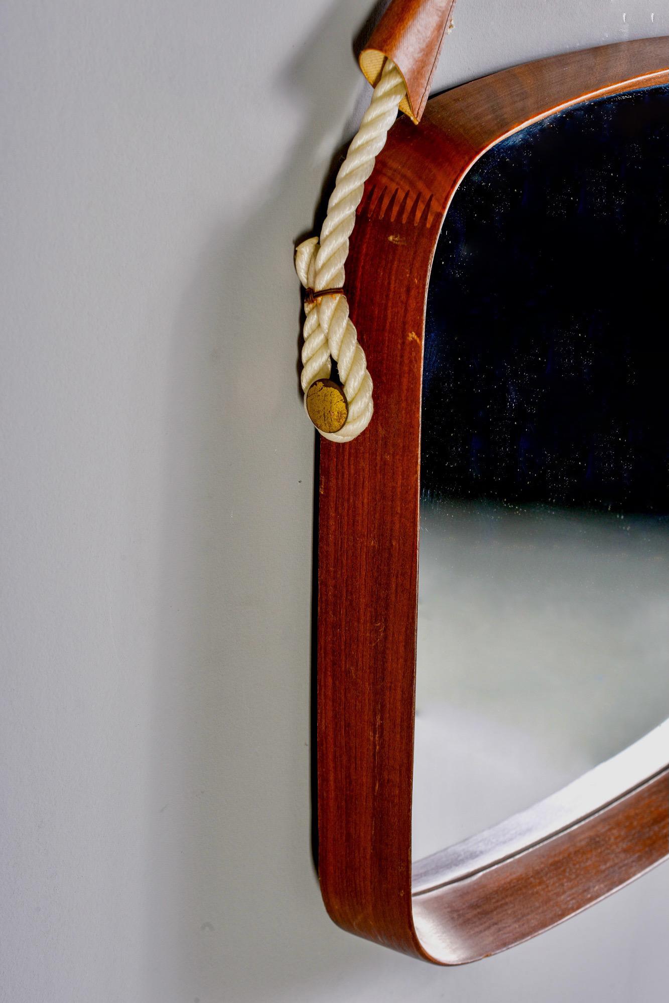 Rope Mid Century Italian Mahogany Rectangular Shape Mirror For Sale