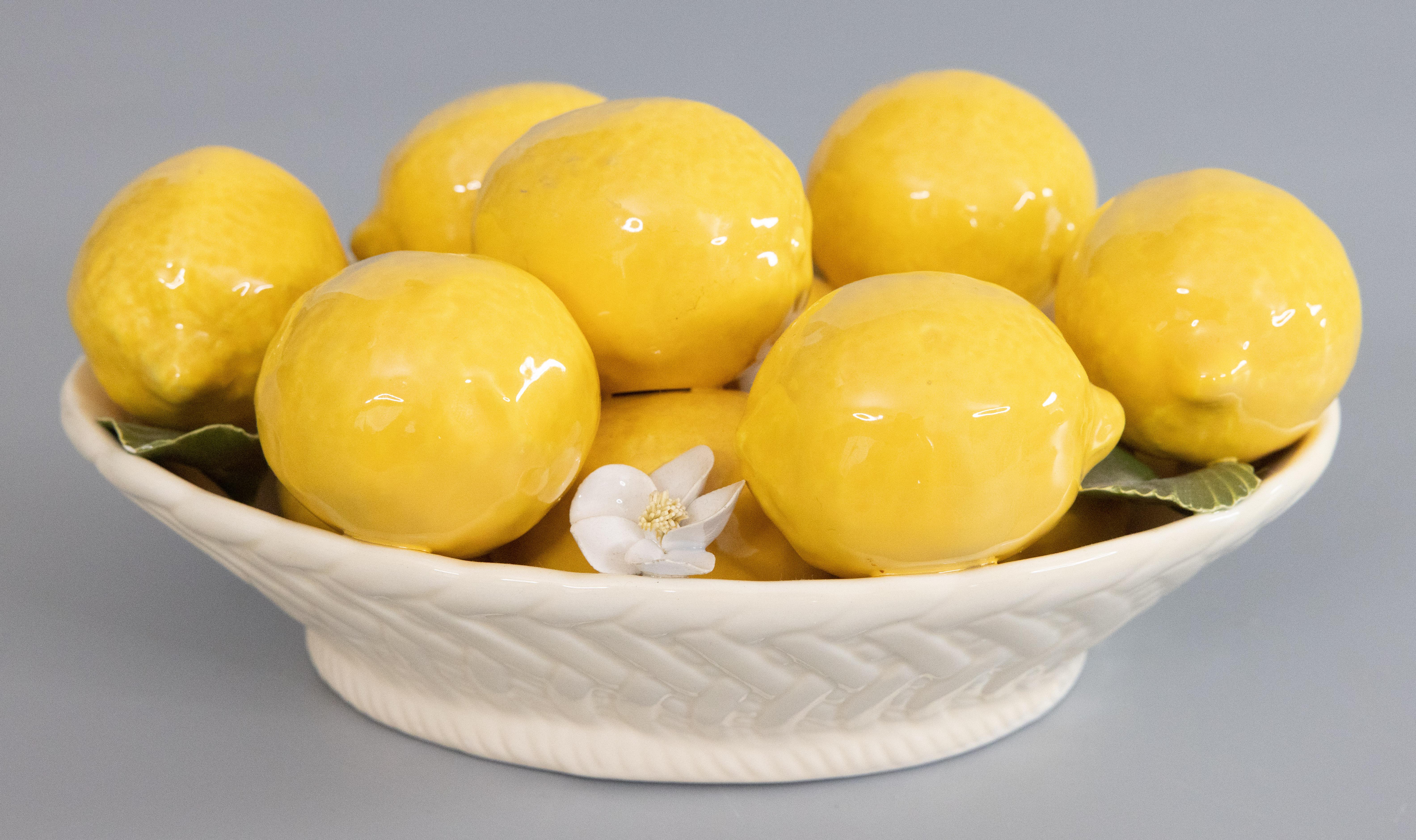 Mid Century Italian Majolica Bowl of Lemons Basket Centerpiece In Good Condition In Pearland, TX