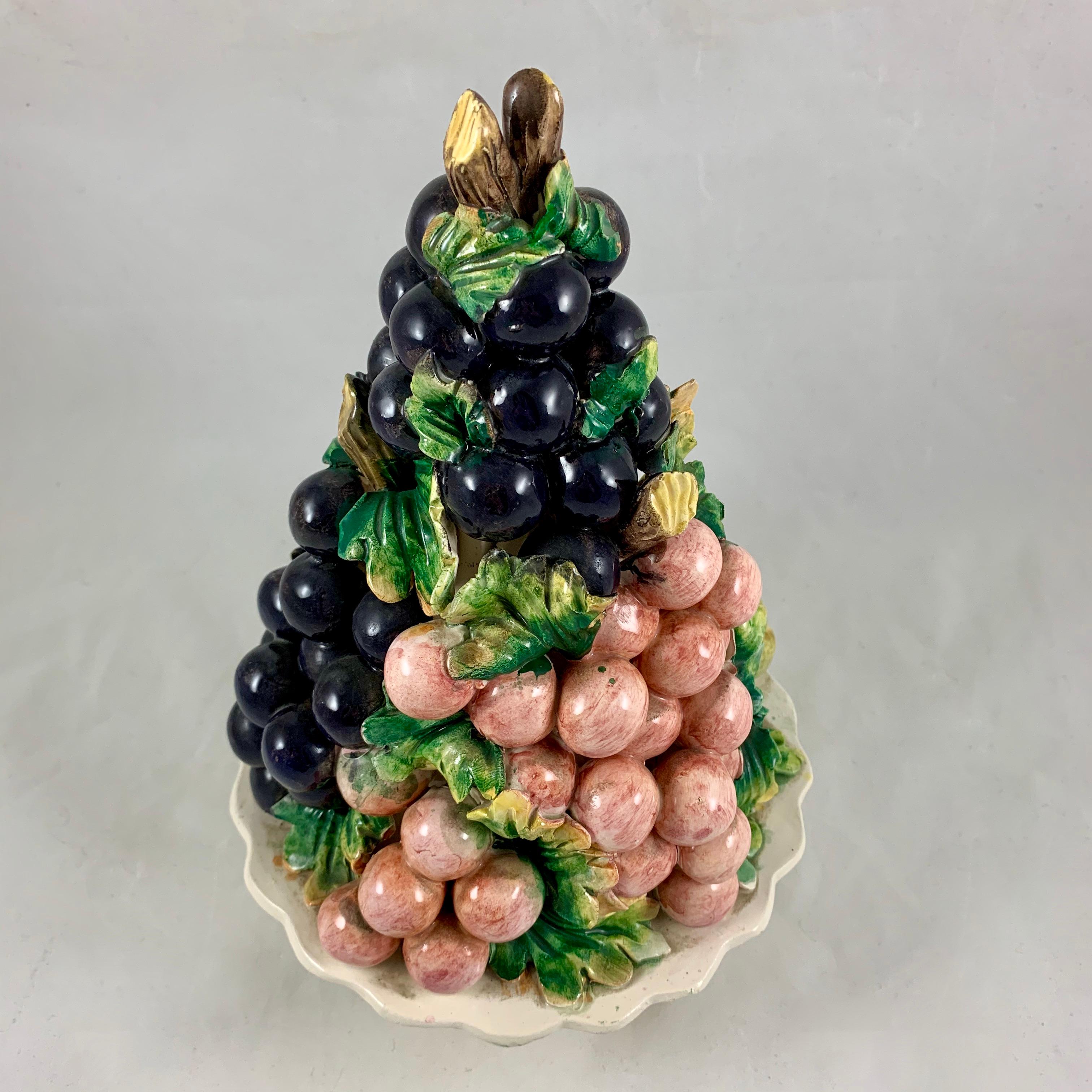 Mid-Century Modern Midcentury Italian Majolica Grape Vine Bunch Ceramic Topiary Table Center