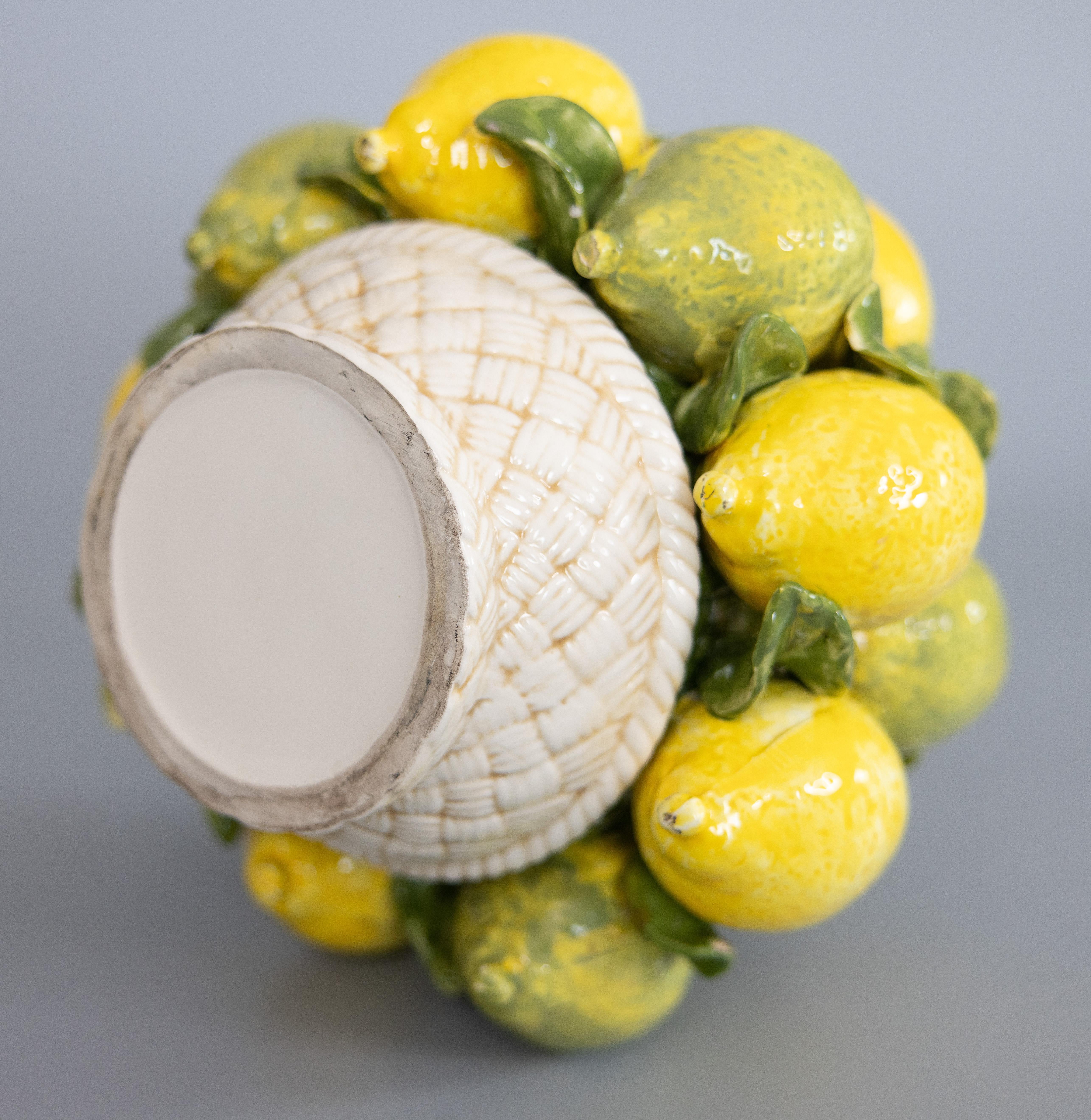 20th Century Mid Century Italian Majolica Lemons & Limes Topiary Basket Centerpiece