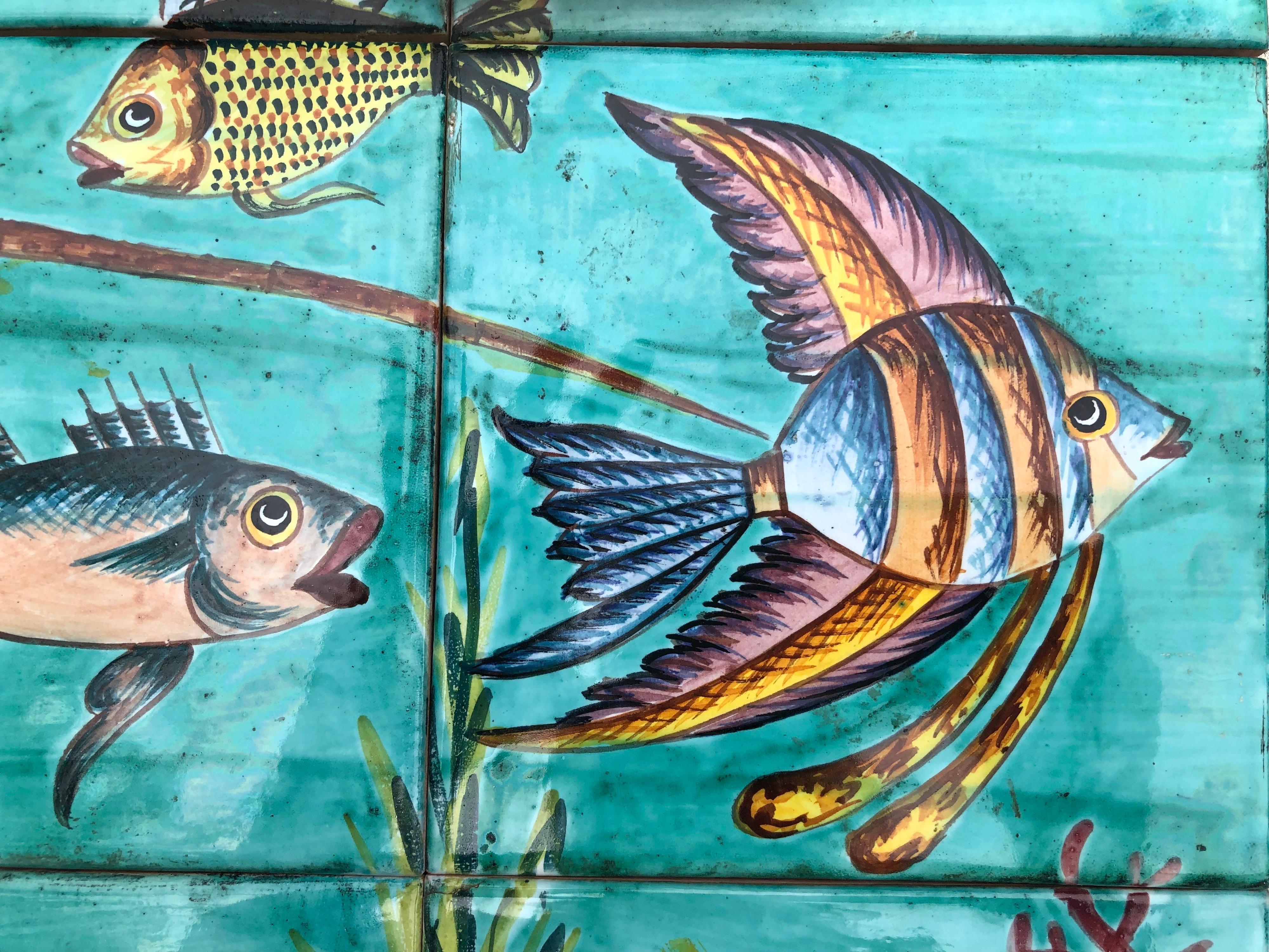 Panneau mural italien du milieu du siècle en majolique : poissons, crabe et homard épinard Marrazi 4