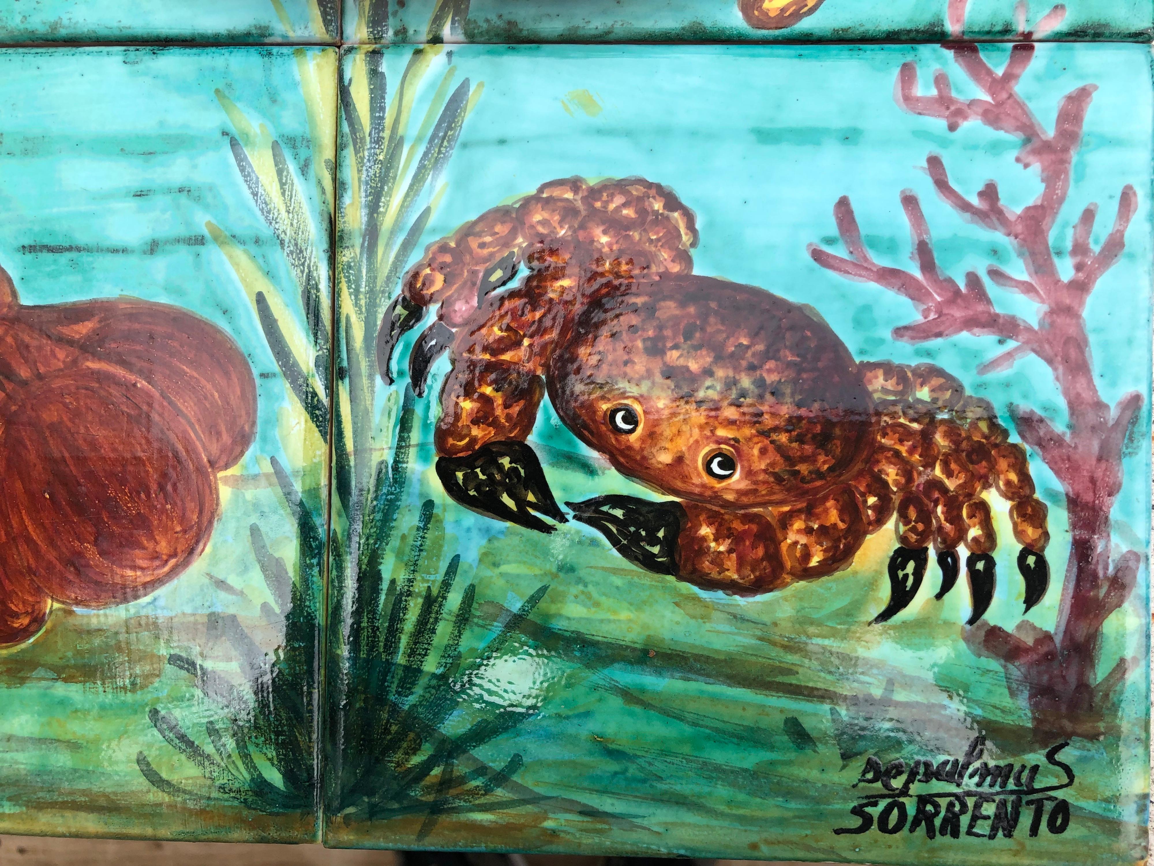 Panneau mural italien du milieu du siècle en majolique : poissons, crabe et homard épinard Marrazi 3