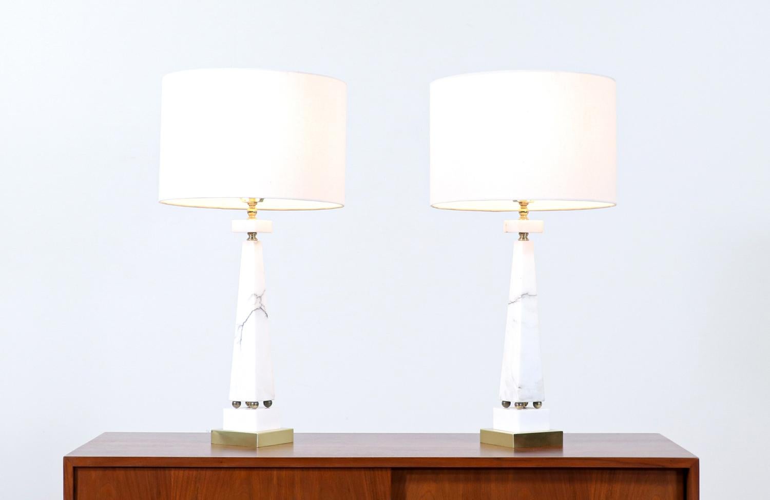 Mid-Century Modern Mid-Century Italian Marble & Brass Pyramid Style Table Lamps For Sale