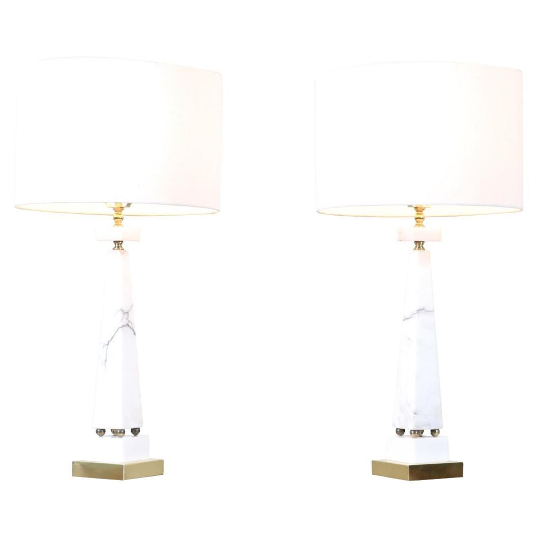 Mid-Century Italian Marble & Brass Pyramid Style Table Lamps For Sale