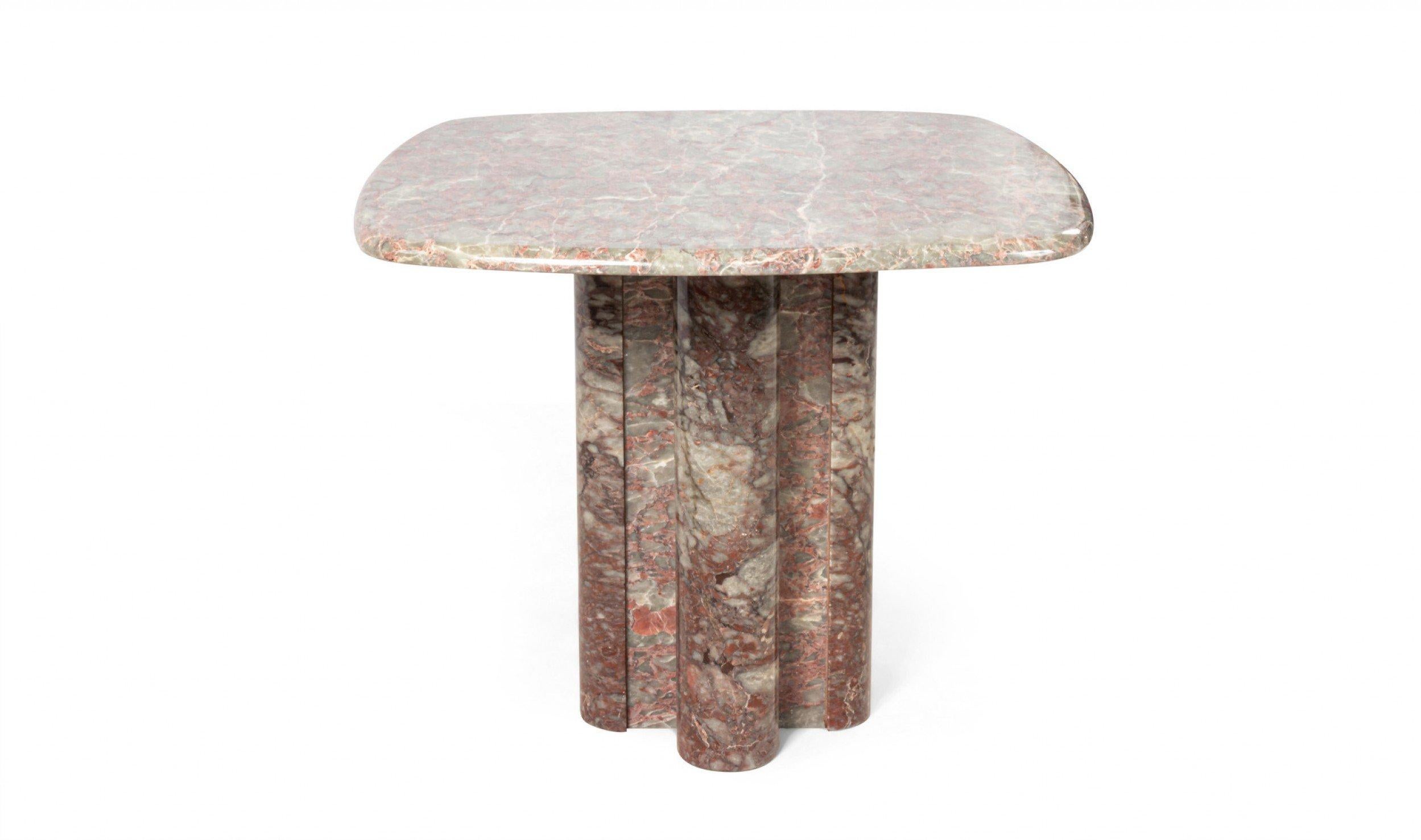 Pair of midcentury Italian red and gray marble end tables with square tops with rounded corners and lobed pedestal bases.