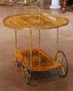 Mid-Century Italian Marquetry Bar Cart with Drop Leaves and Gilt Brass Gallery