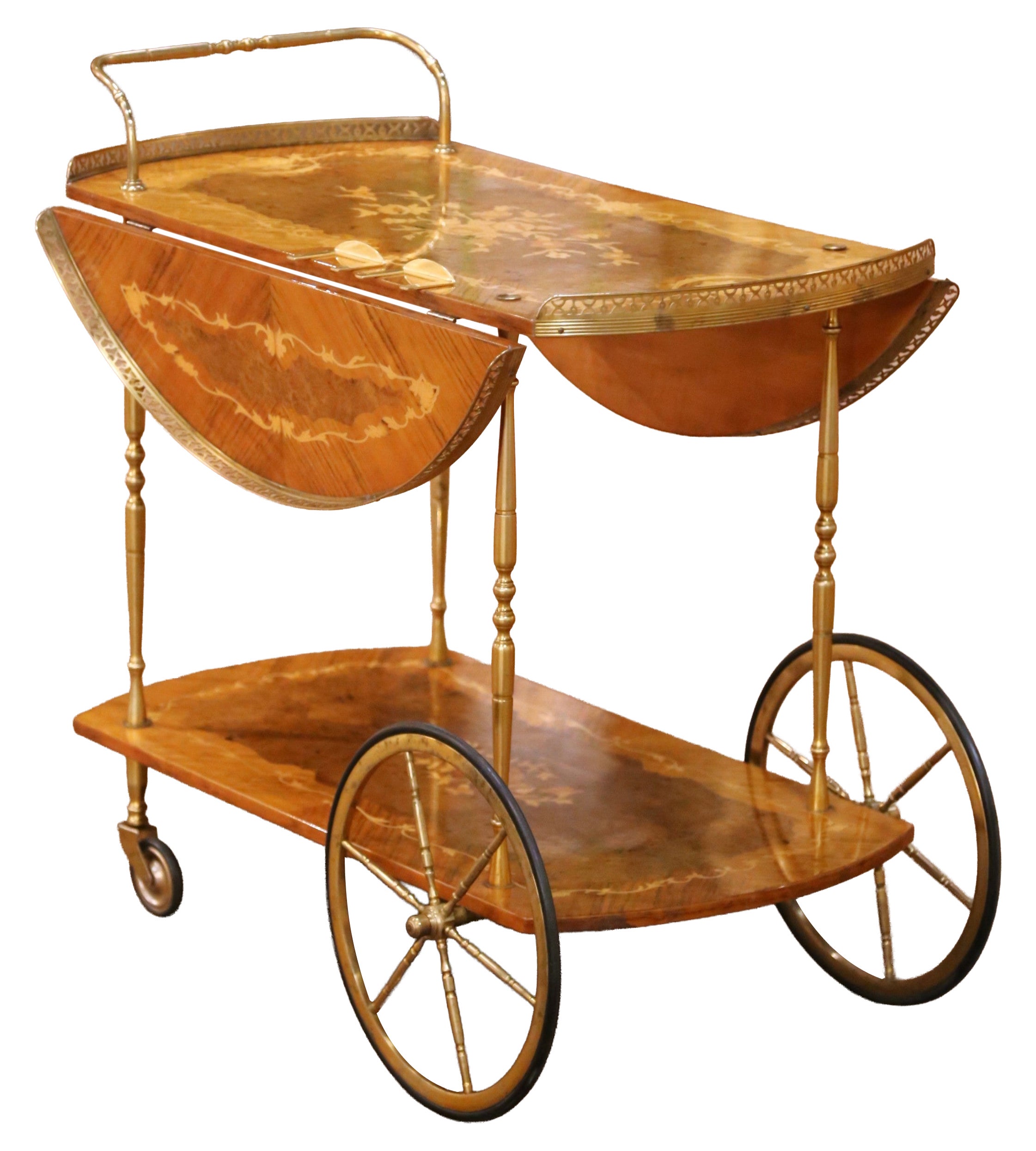 Mid-Century Italian Marquetry Bar Cart with Drop Leaves and Gilt Brass Gallery