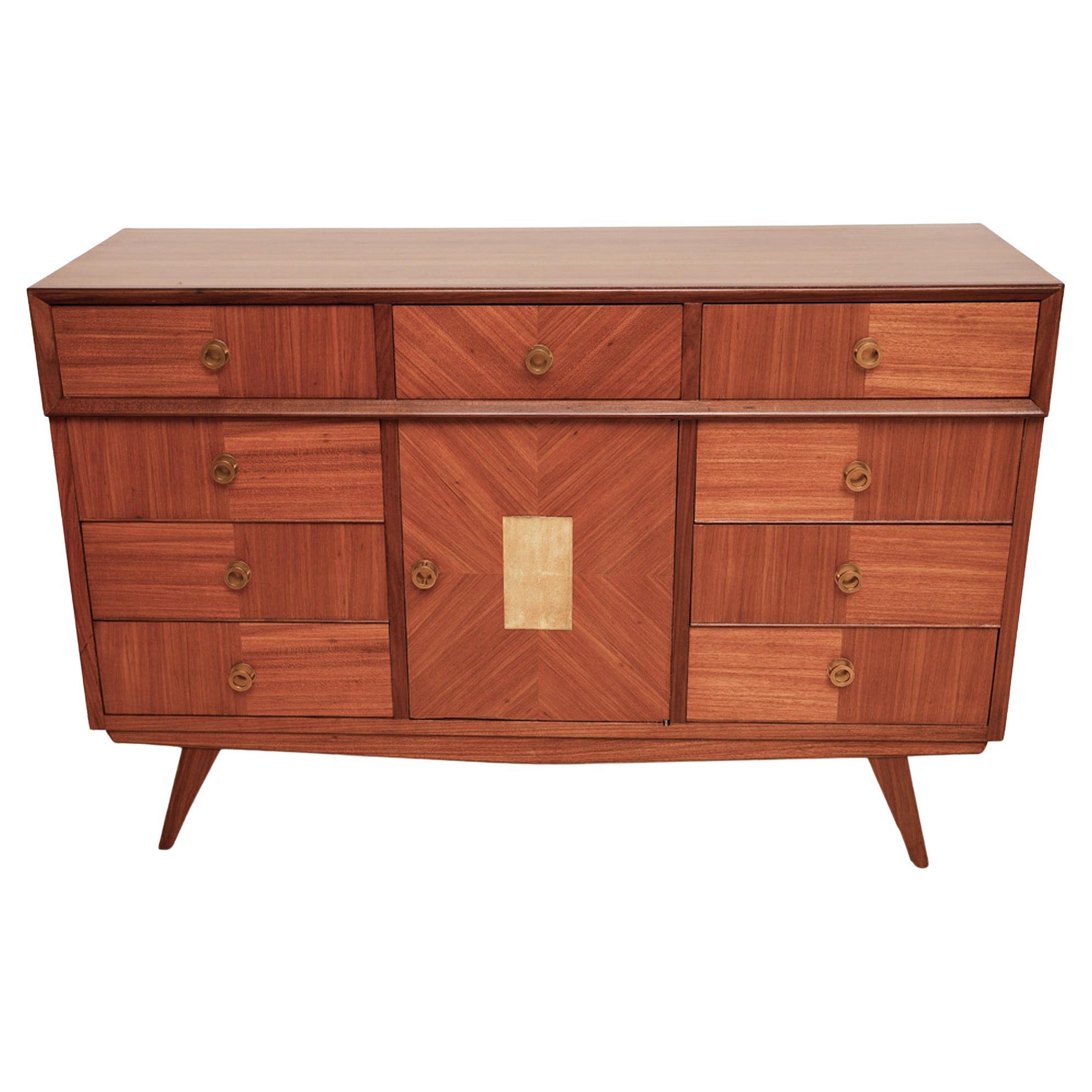 Mid-Century Italian Marquetry Wood and Parchment Credenza For Sale