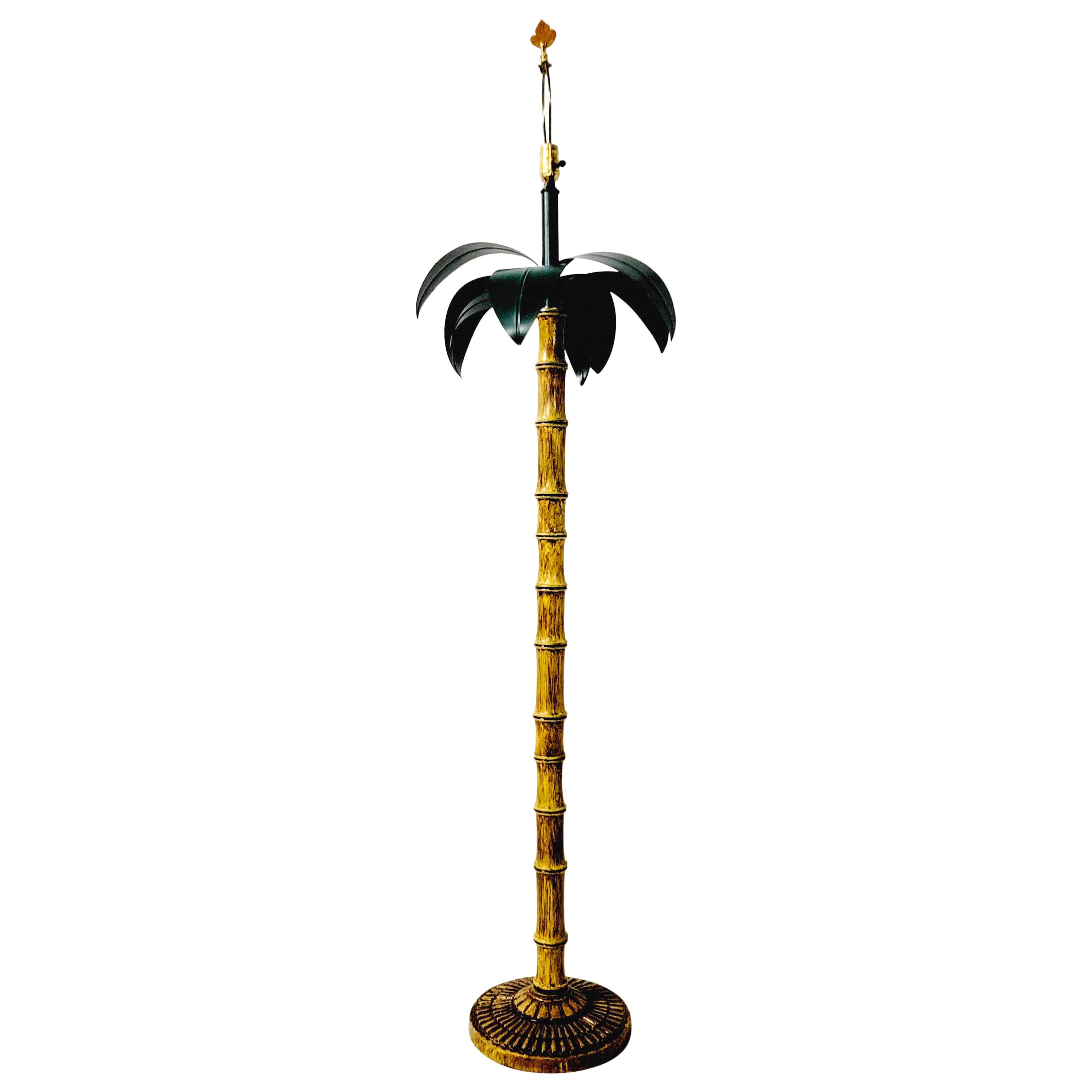 Mid-Century Italian Metal Tole Palm Leaf and Faux Bamboo Floor Lamp