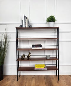 Mid-Century Italian Metal Walnut Open Book Case Slim Bookshelf Library
