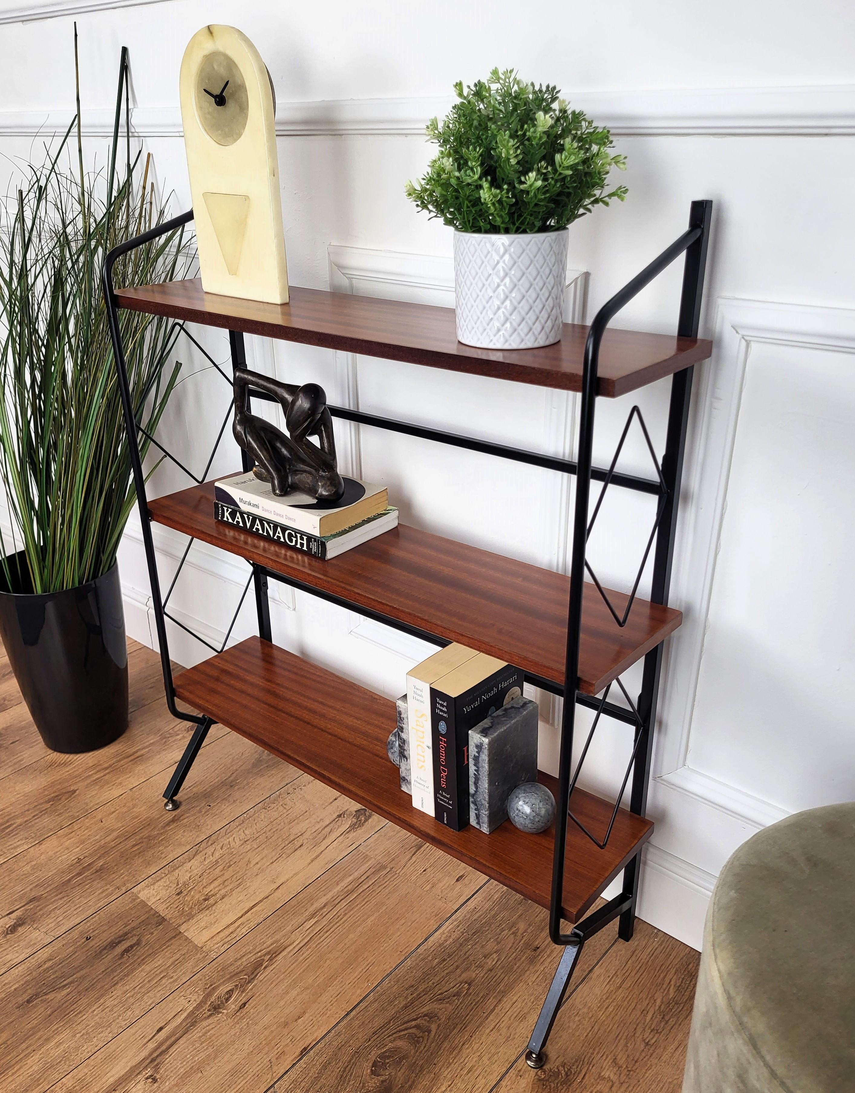 Mid-Century Modern Mid-Century Italian Metal Walnut Open Book Case Slim Bookshelf Library For Sale