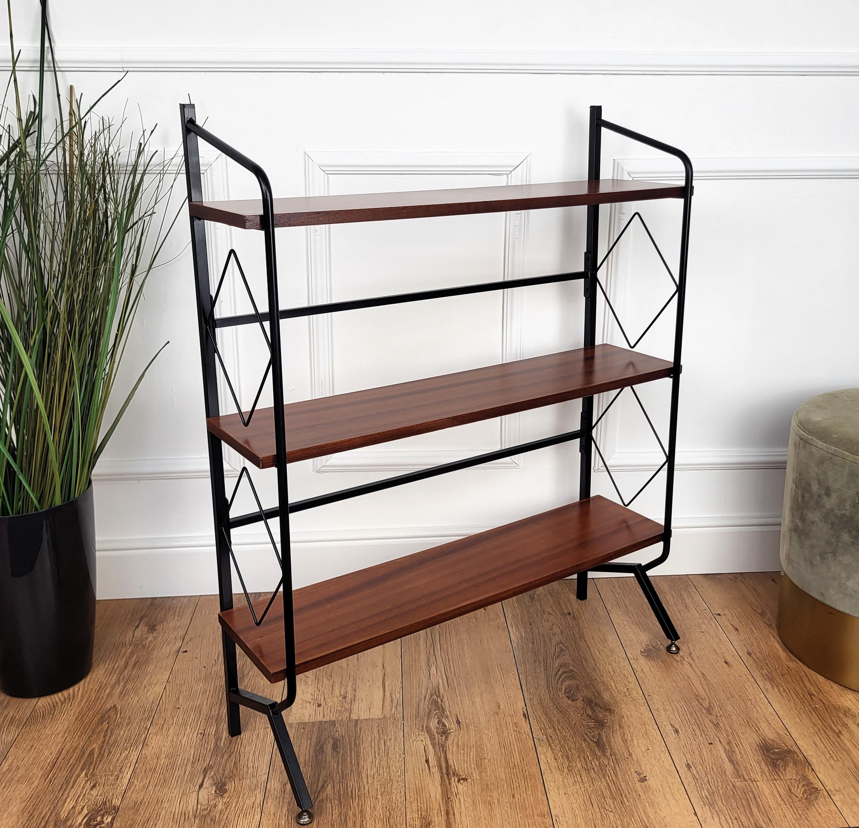 20th Century Mid-Century Italian Metal Walnut Open Book Case Slim Bookshelf Library For Sale