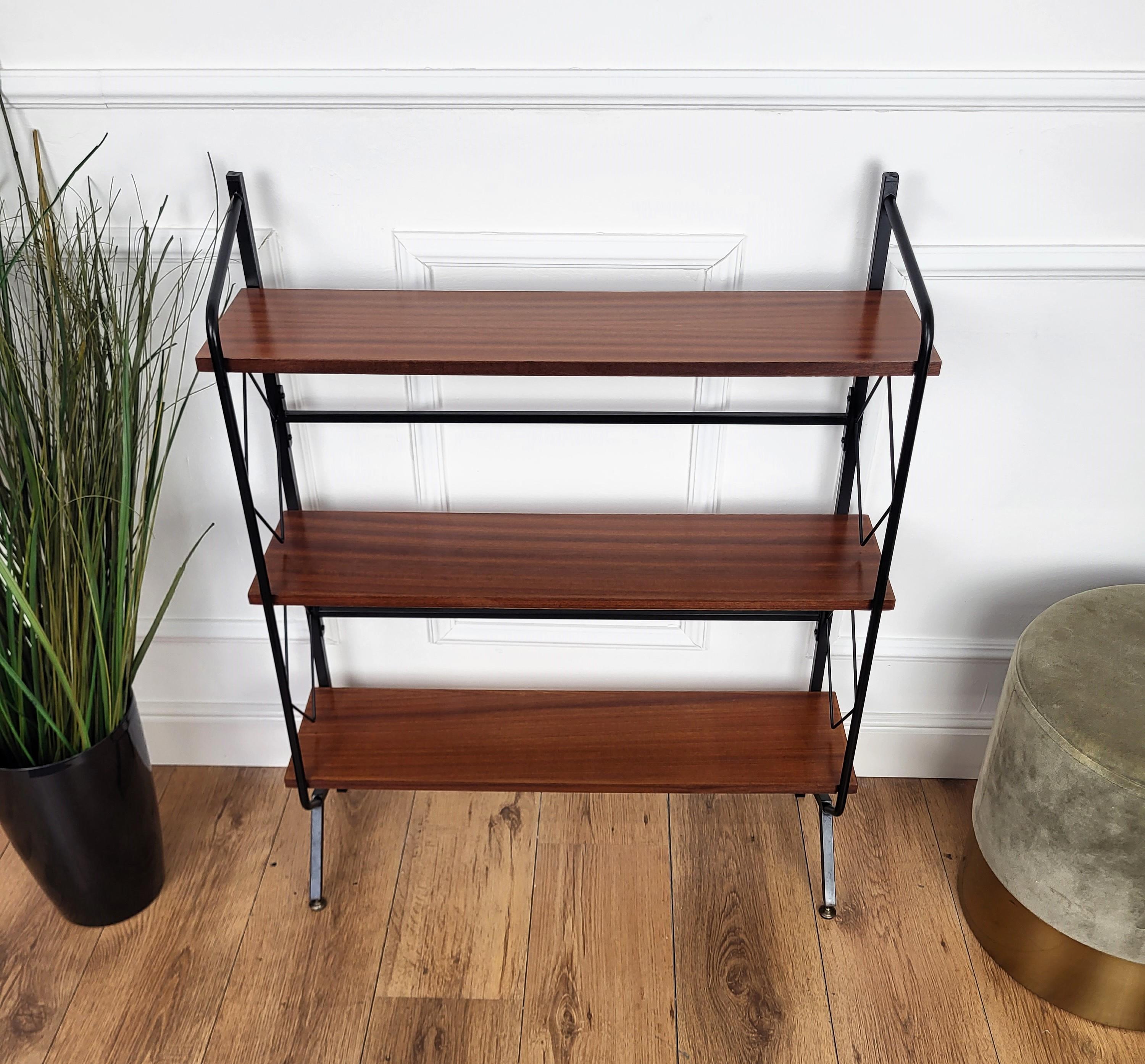 Wood Mid-Century Italian Metal Walnut Open Book Case Slim Bookshelf Library For Sale