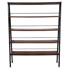 Mid-Century Italian Metal Walnut Open Book Case Slim Bookshelf Library