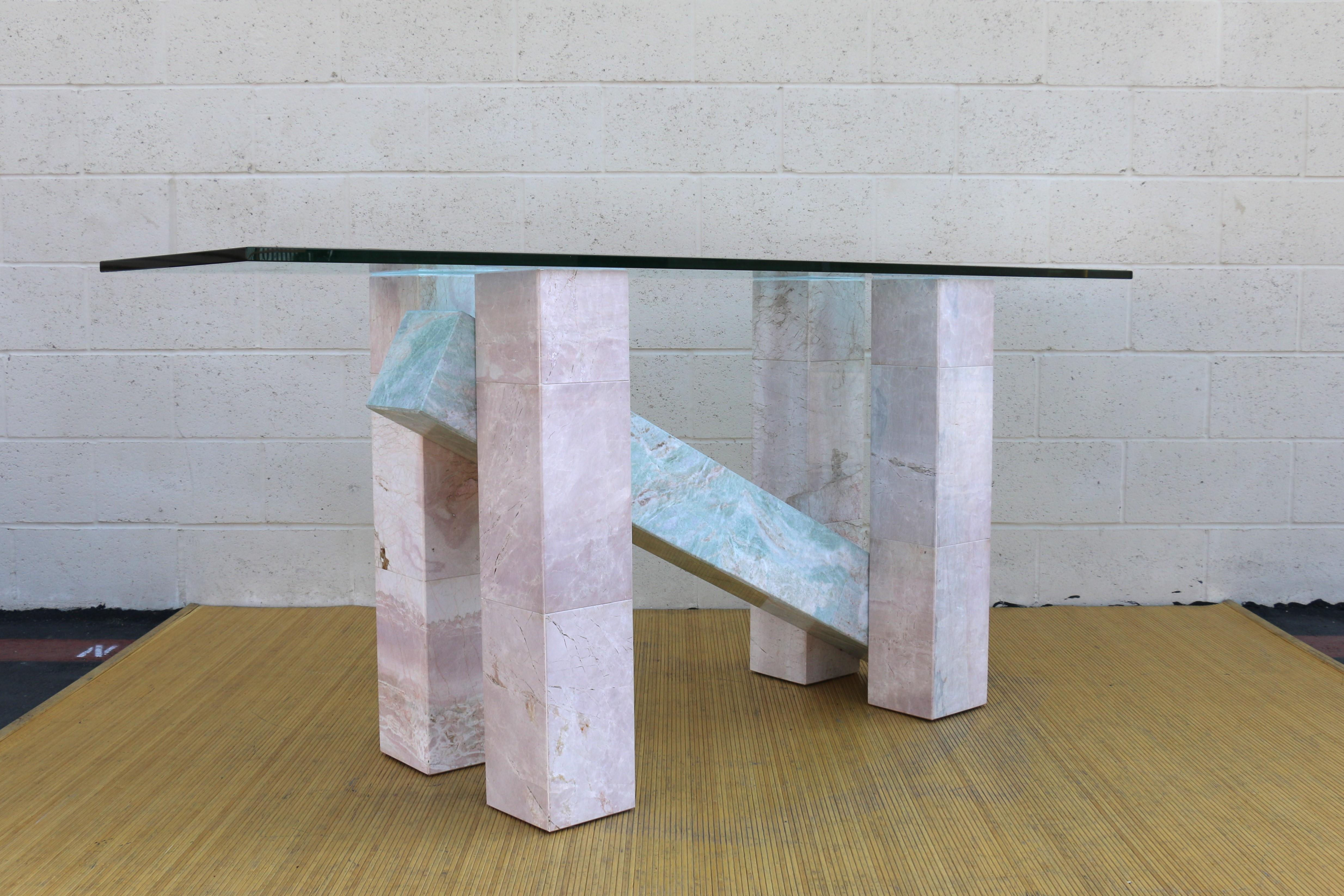Late 20th Century Mid Century Italian Ming Green and Pink Marble With Glass Top Console Table For Sale