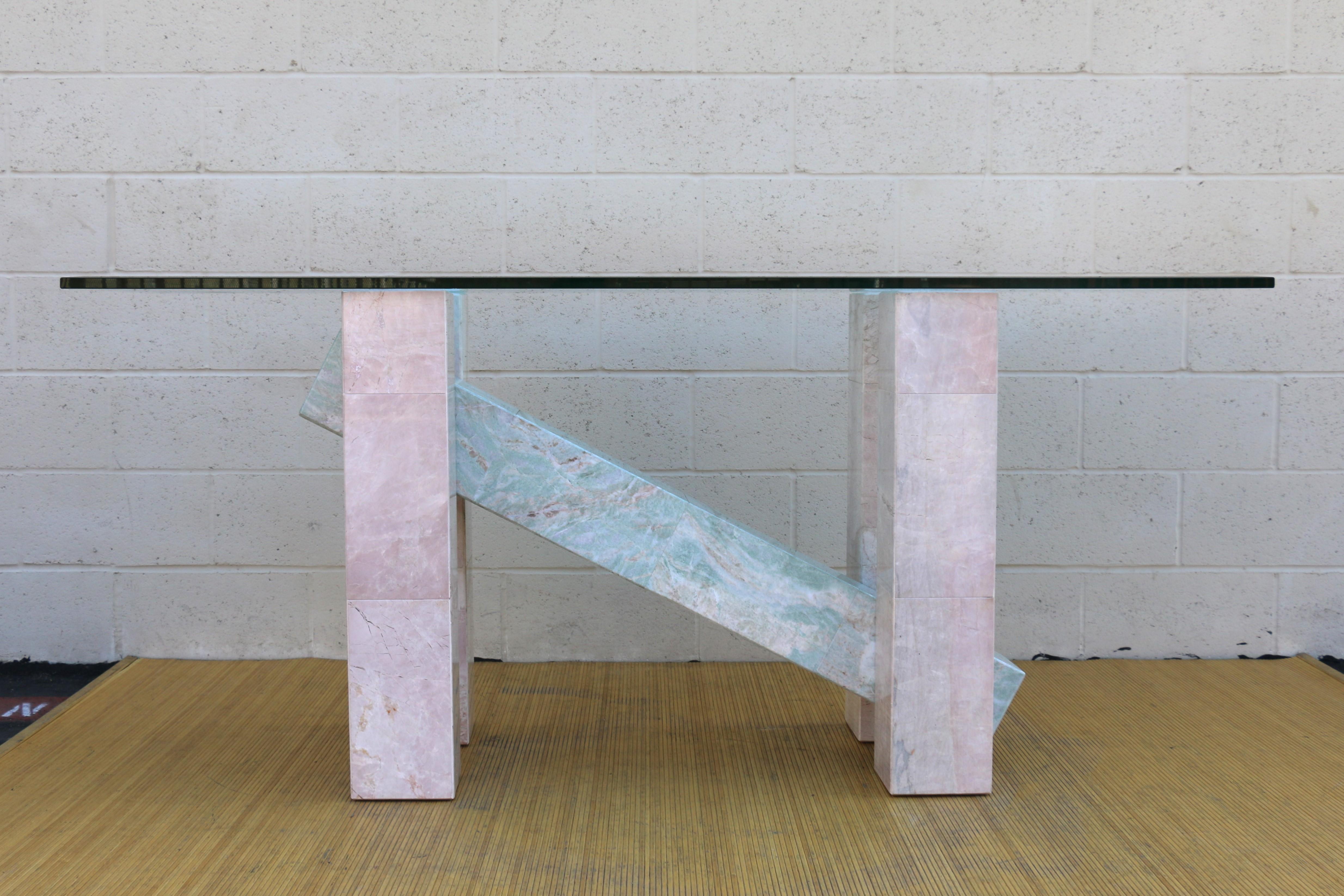 Mid Century Italian Ming Green and Pink Marble With Glass Top Console Table For Sale 1