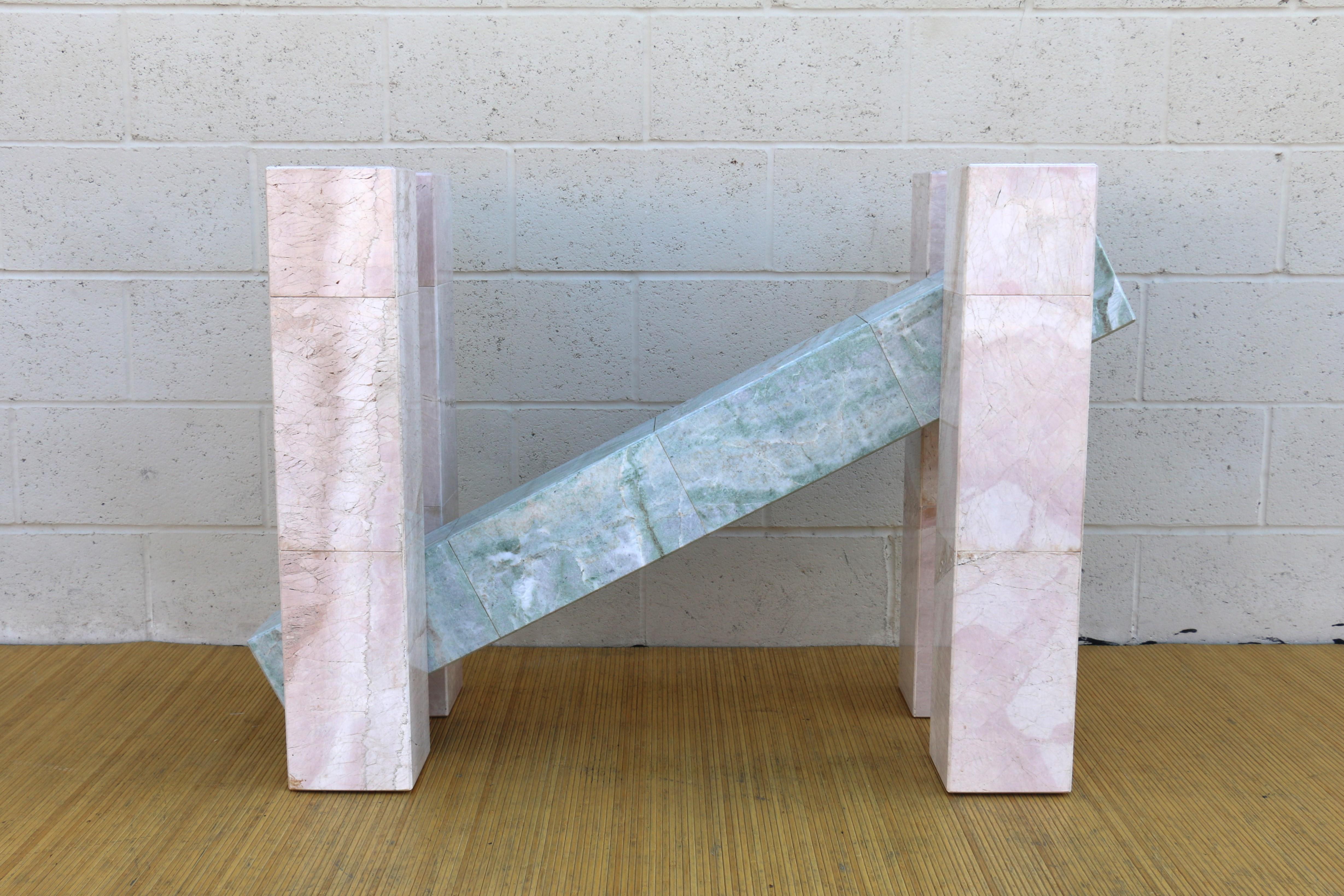 Mid Century Italian Ming Green and Pink Marble With Glass Top Console Table For Sale 6