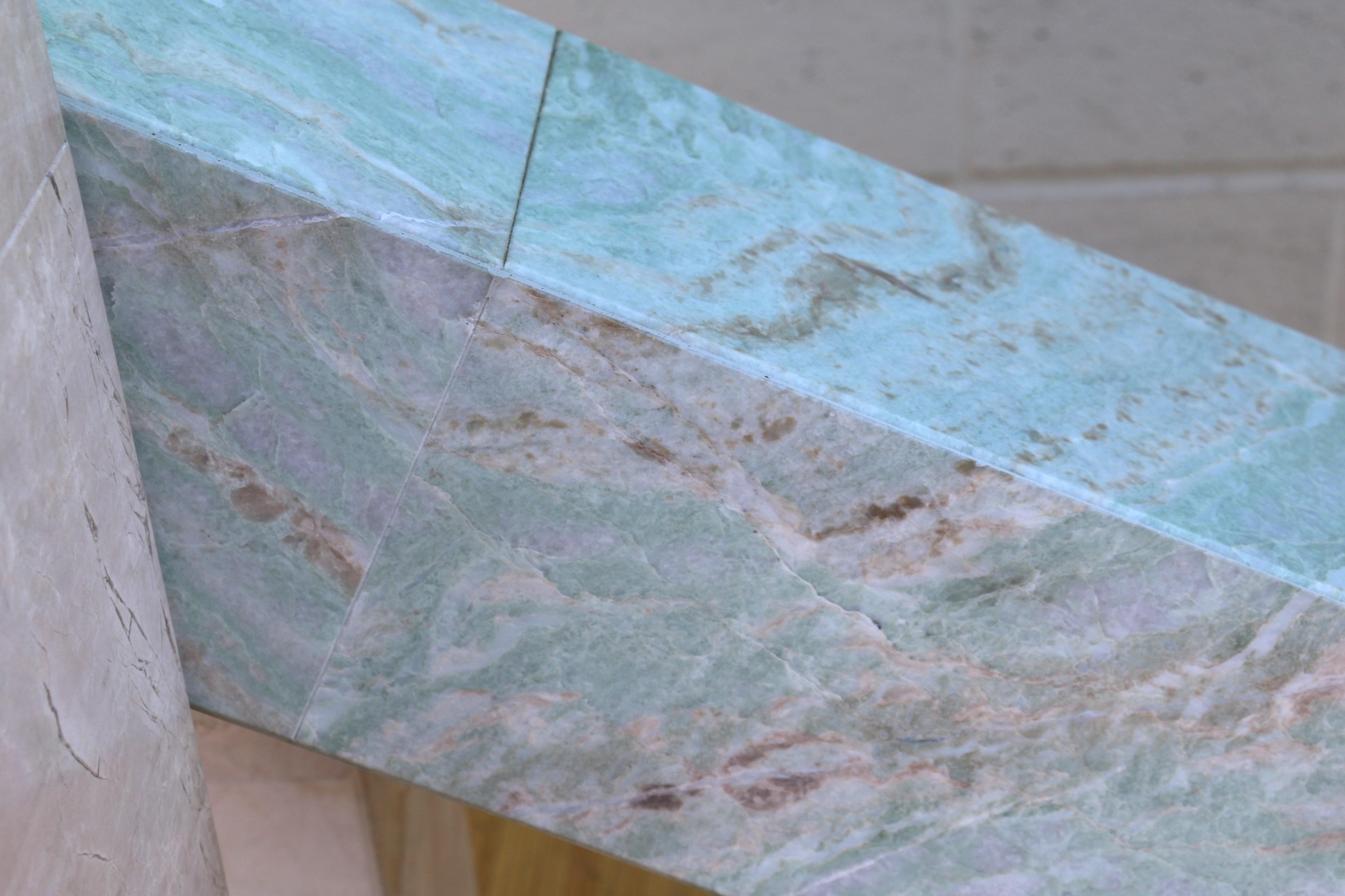 Mid Century Italian Ming Green and Pink Marble With Glass Top Console Table For Sale 10