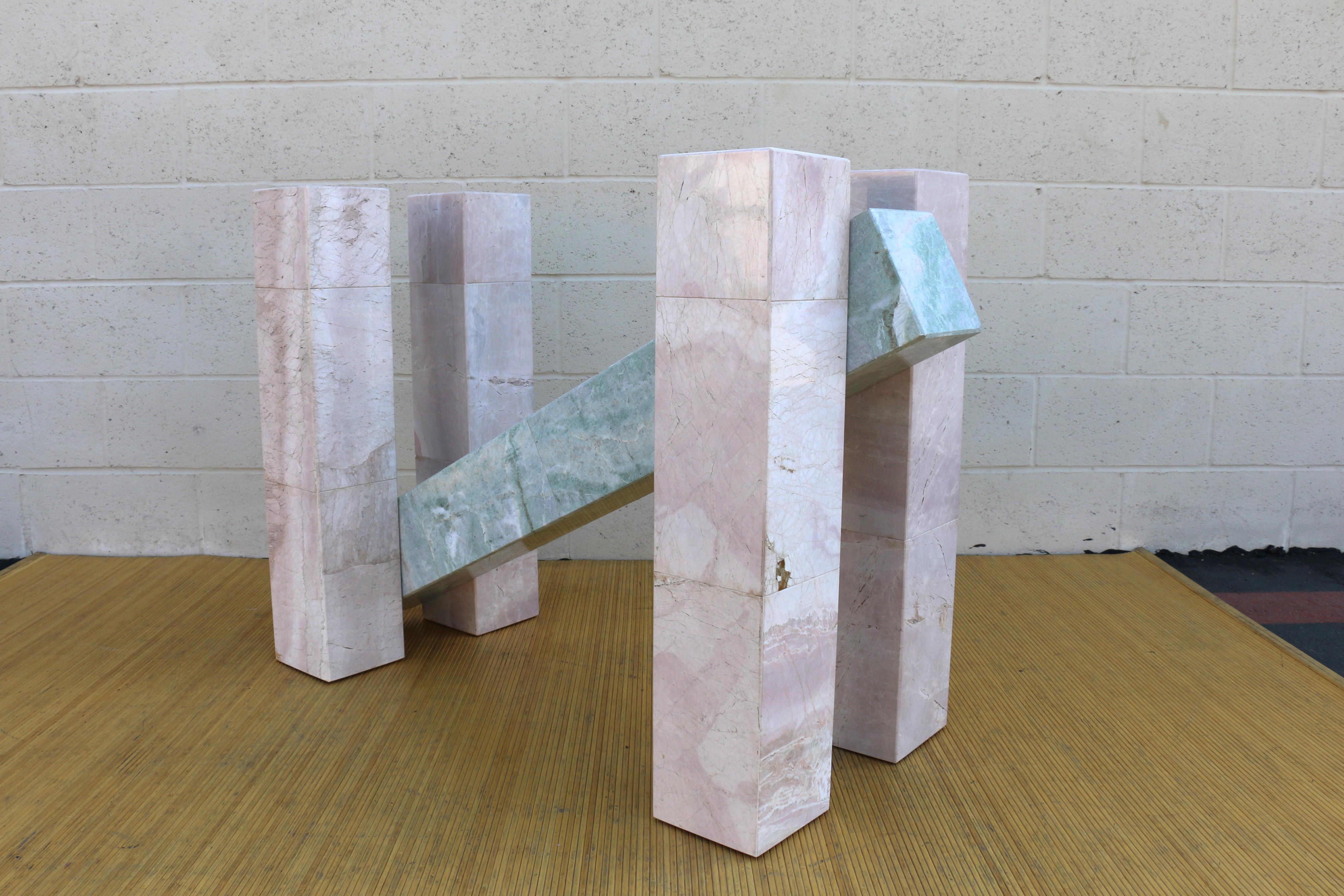 Mid Century Italian Ming Green and Pink Marble With Glass Top Console Table For Sale 7