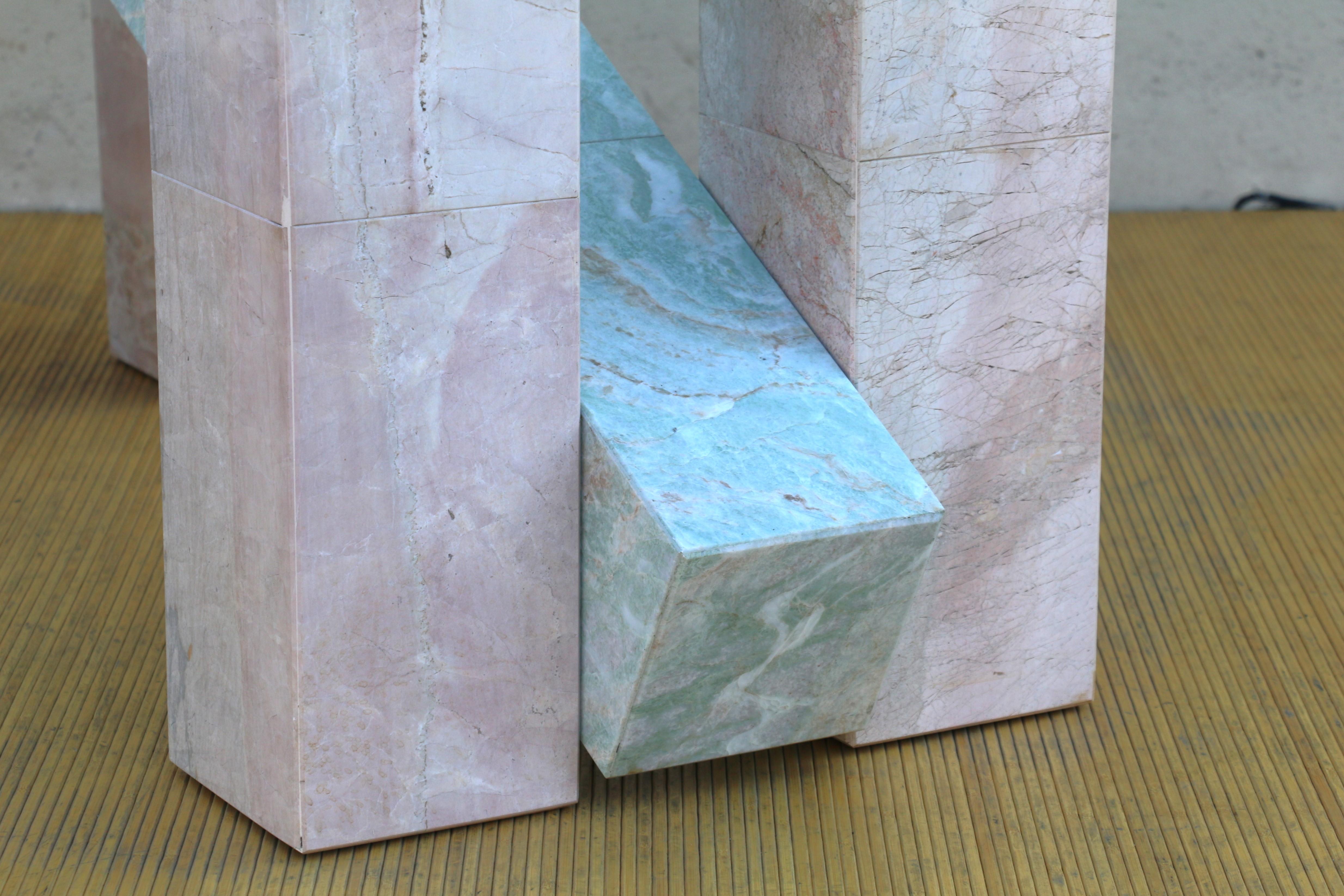Mid Century Italian Ming Green and Pink Marble With Glass Top Console Table For Sale 9