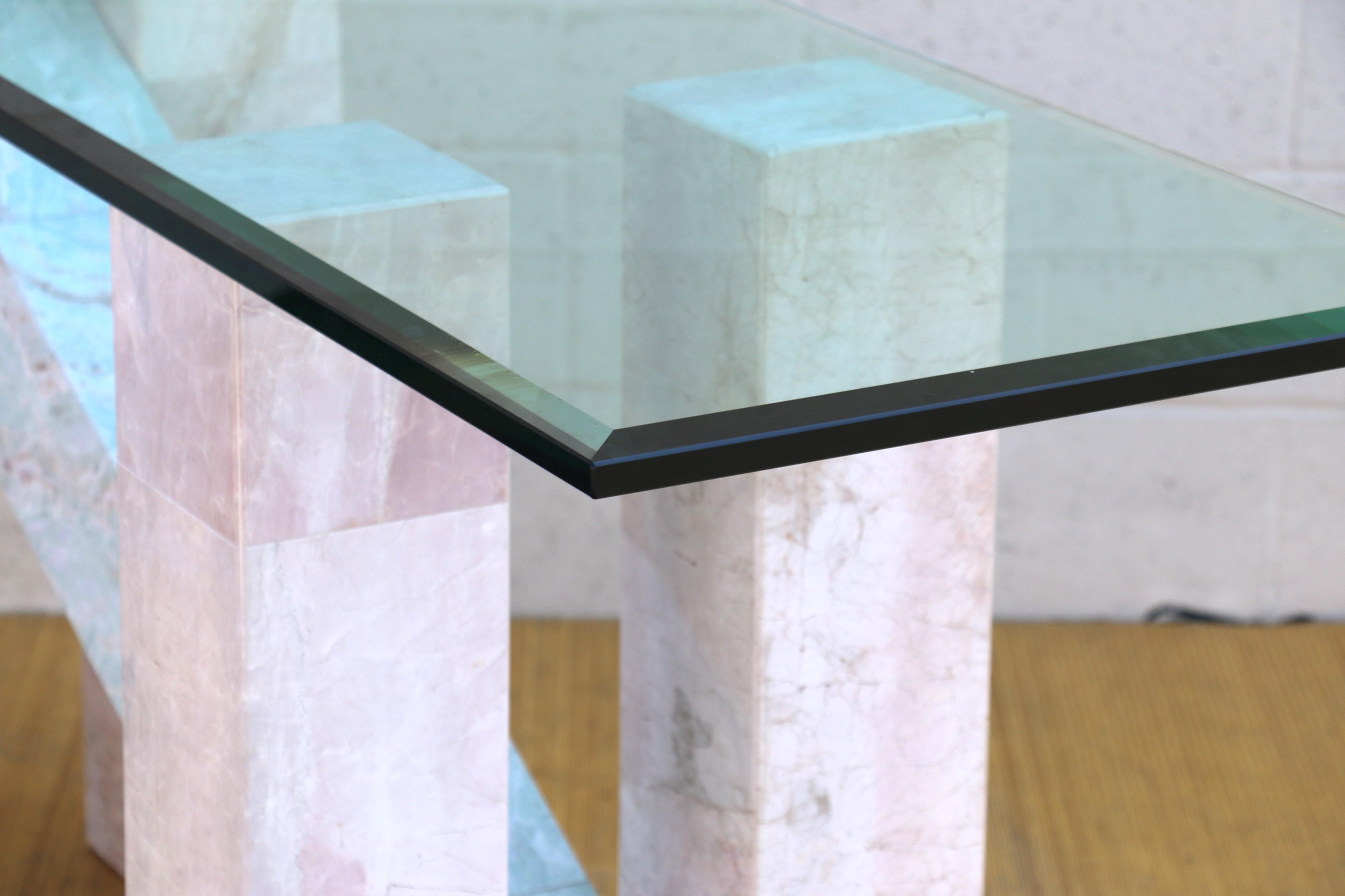 Mid Century Italian Ming Green and Pink Marble With Glass Top Console Table For Sale 4