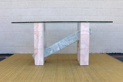 Mid Century Italian Ming Green and Pink Marble With Glass Top Console Table