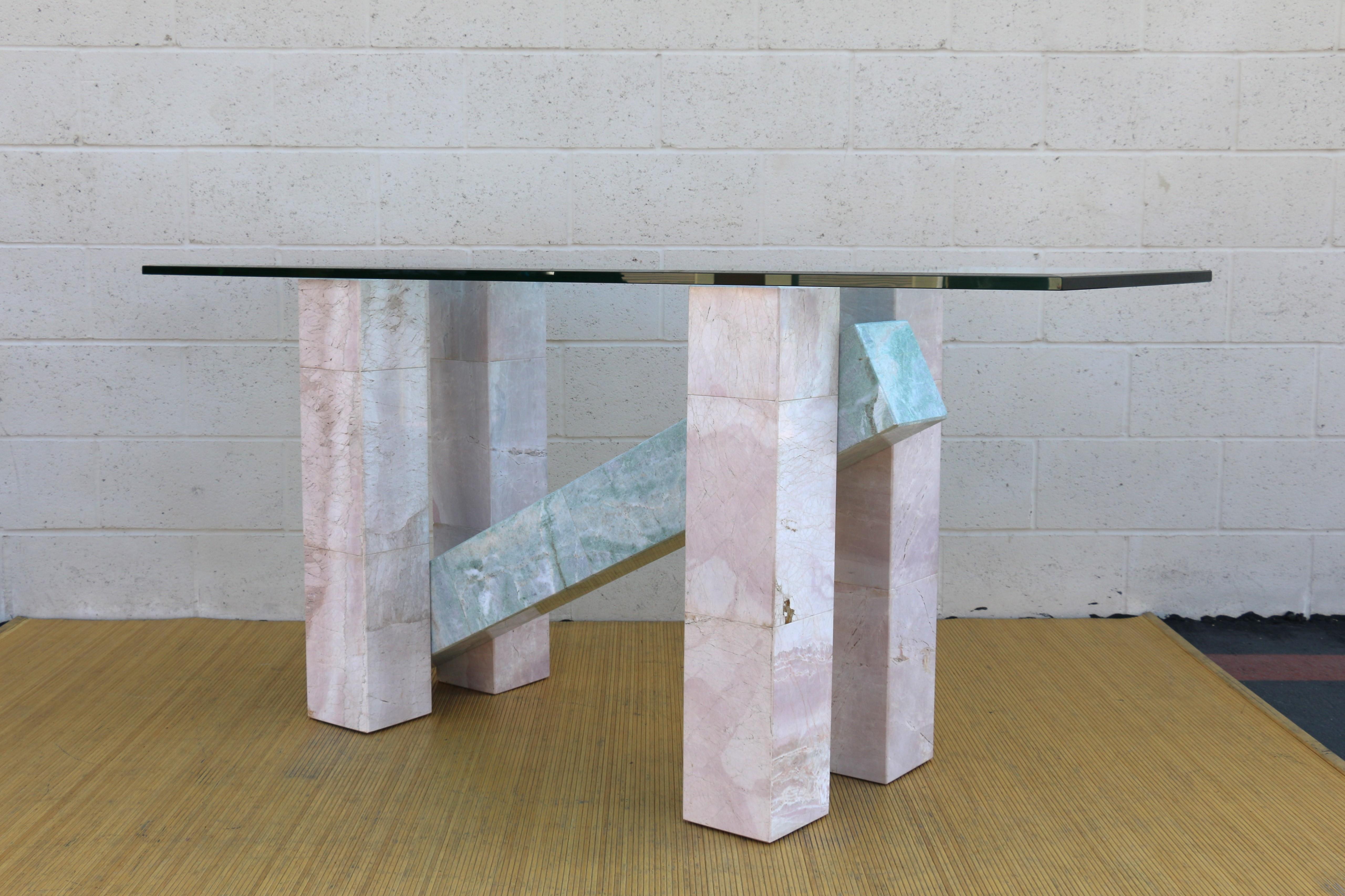 Mid-Century Modern Mid Century Italian Ming Green and Pink Marble With Glass Top Console Table For Sale
