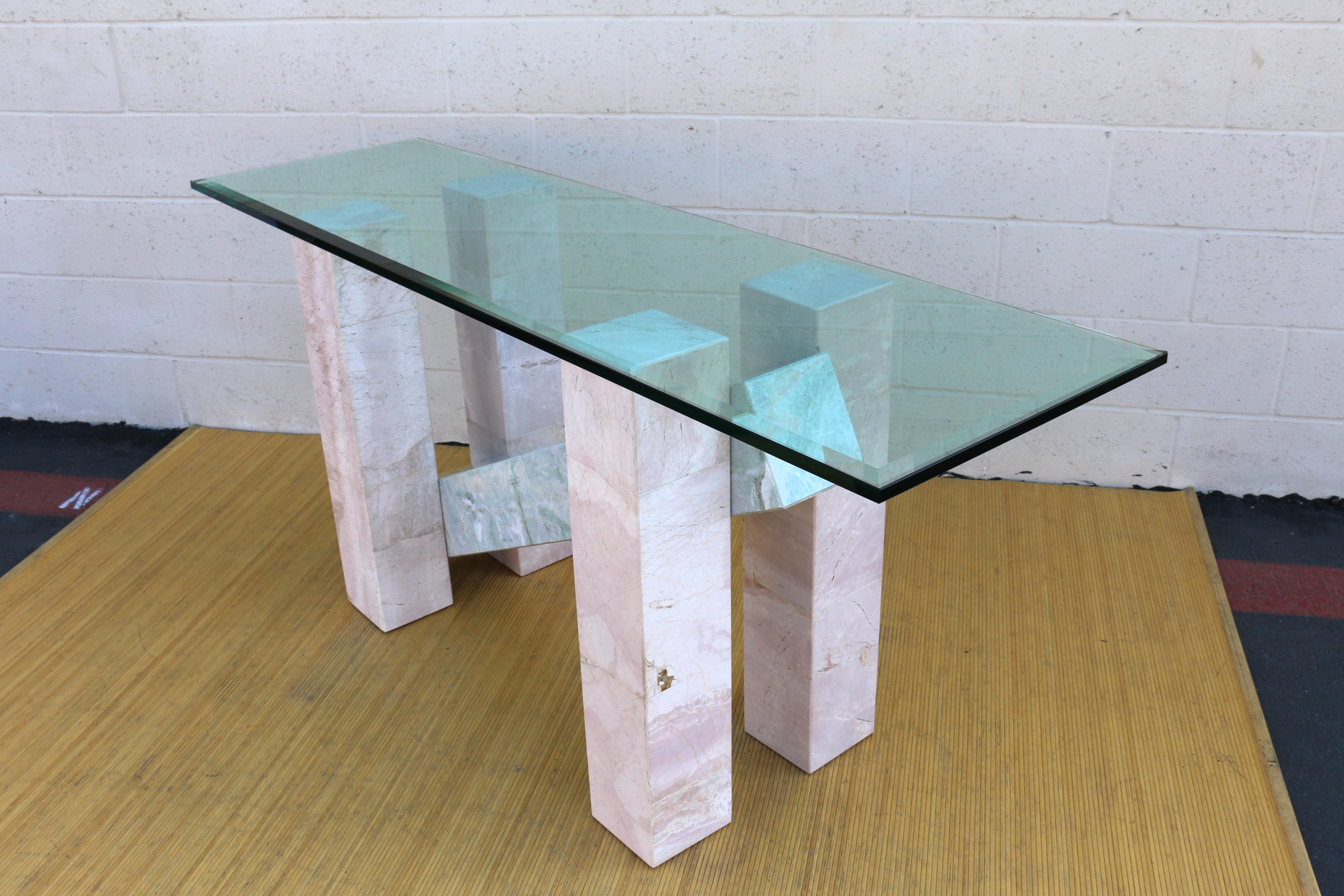 Mid Century Italian Ming Green and Pink Marble With Glass Top Console Table For Sale 2