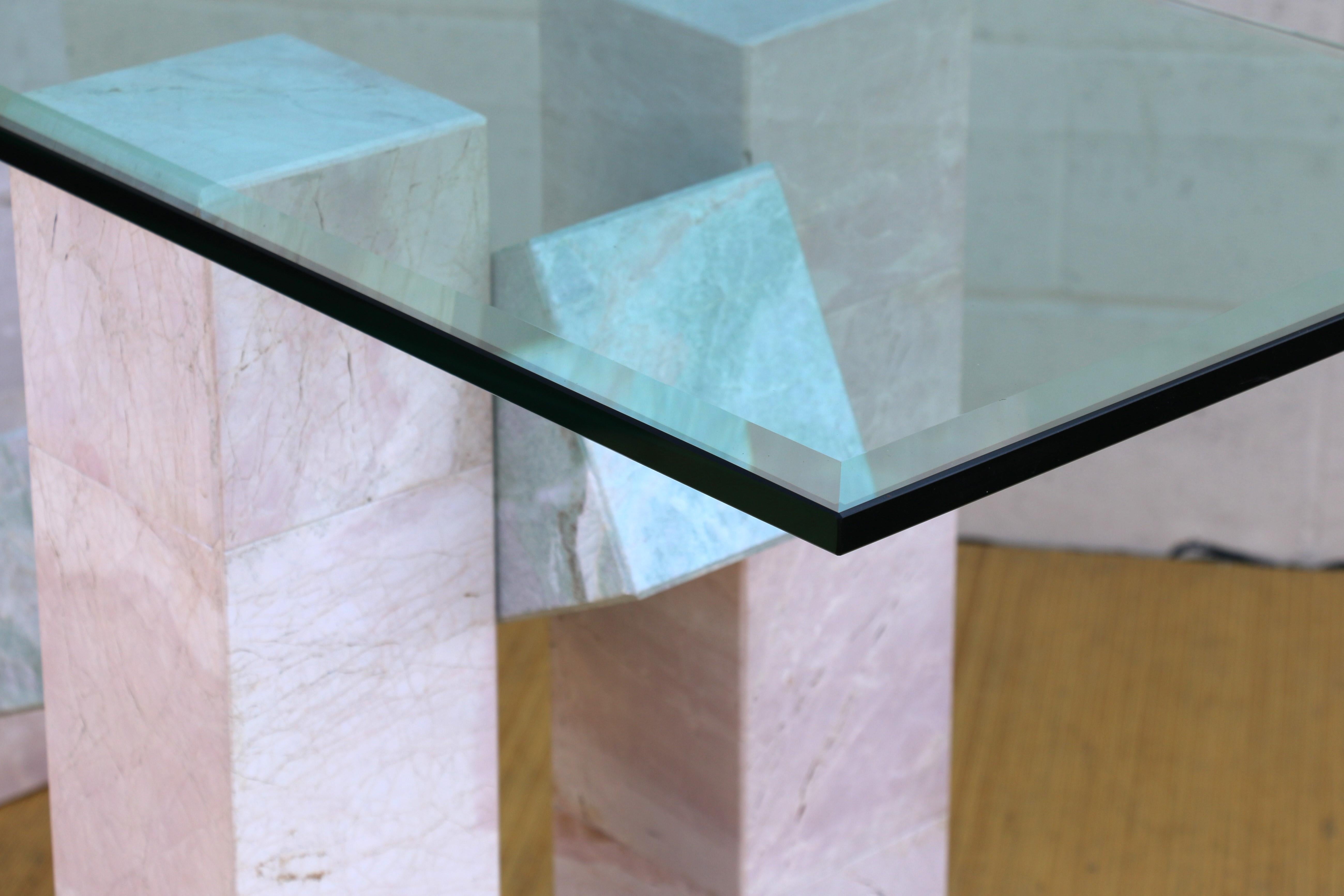 Mid Century Italian Ming Green and Pink Marble With Glass Top Console Table For Sale 3