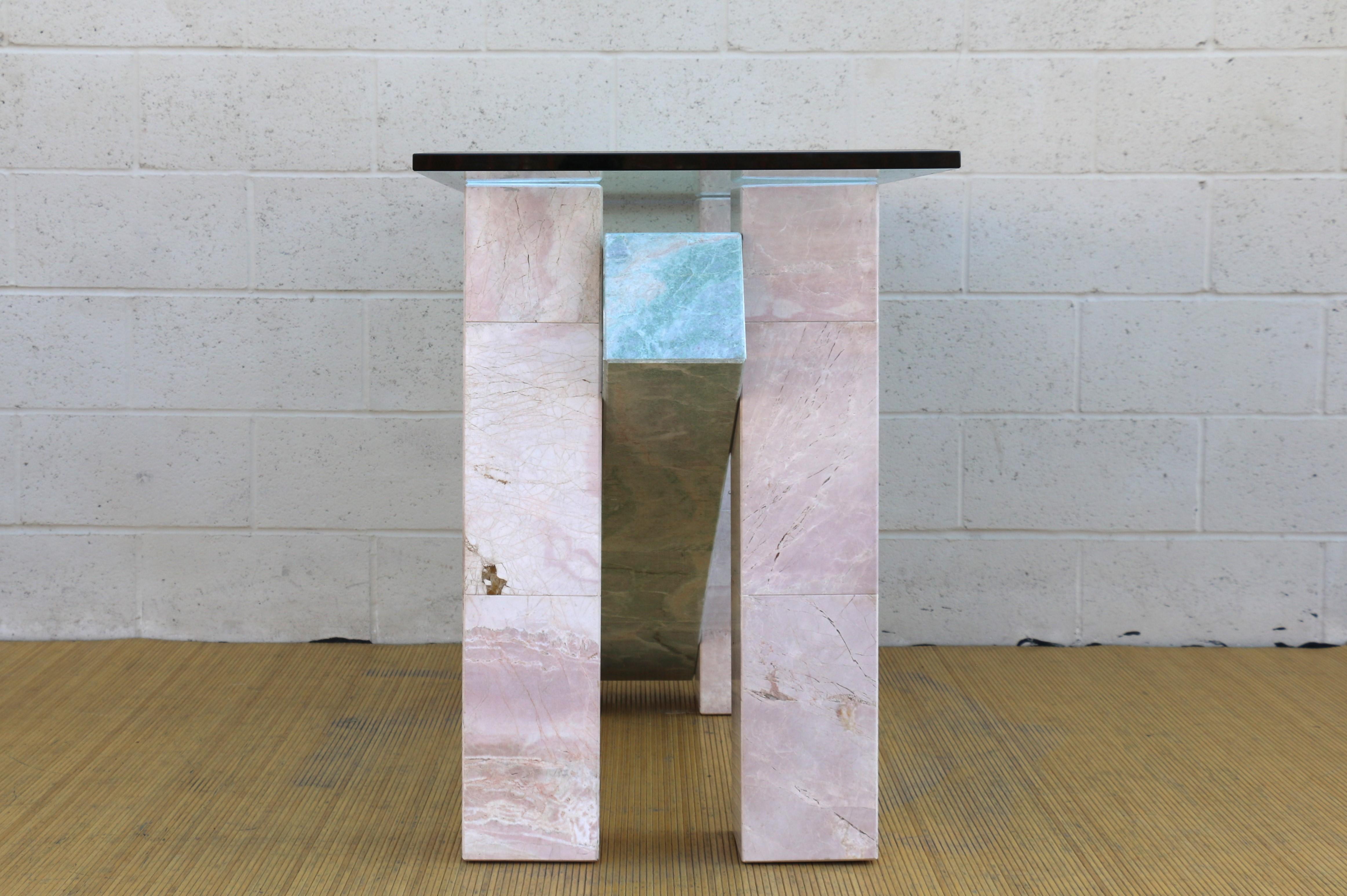 Mid Century Italian Ming Green and Pink Marble With Glass Top Console Table In Good Condition For Sale In North Hollywood, CA
