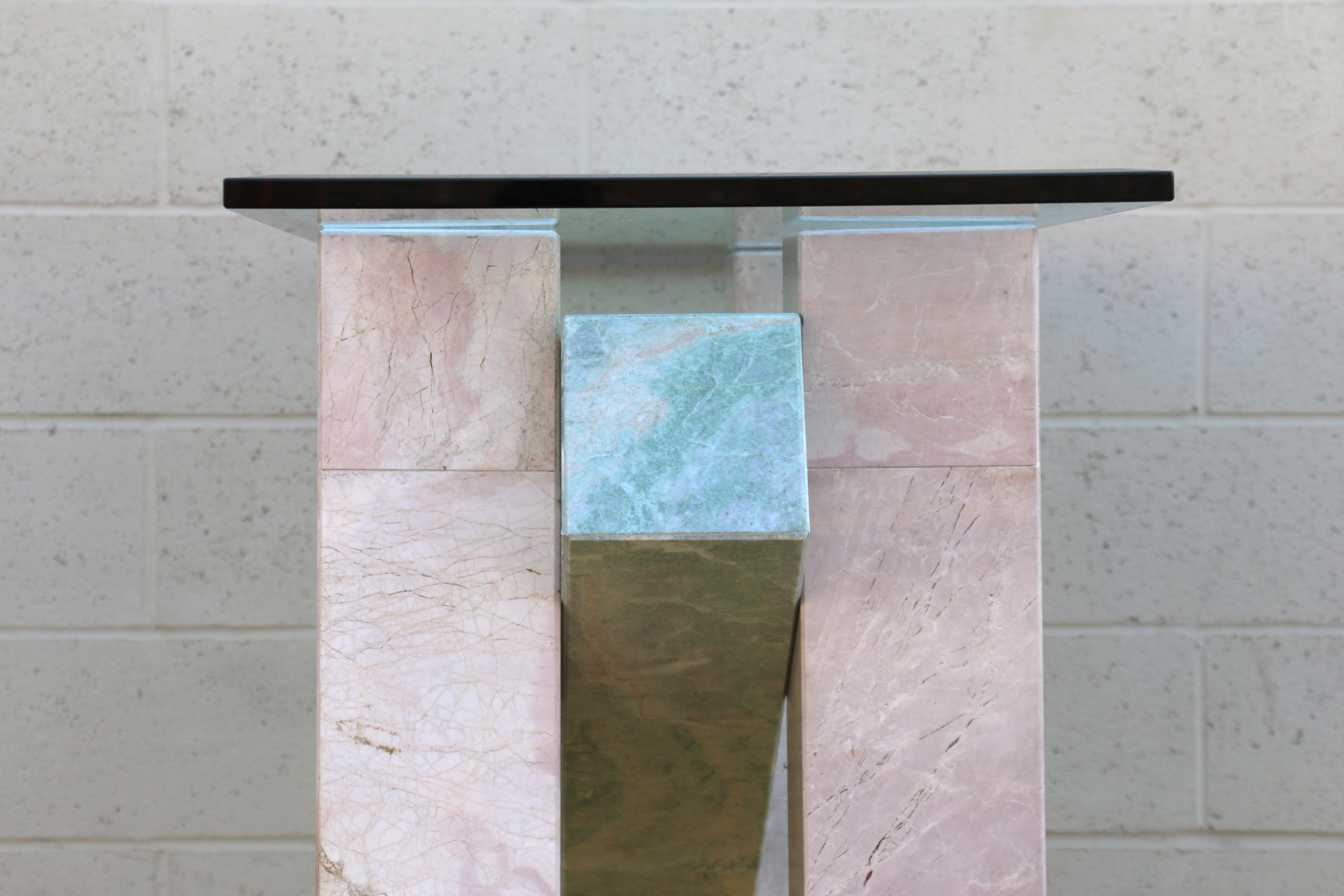 Mid Century Italian Ming Green and Pink Marble With Glass Top Console Table For Sale 5