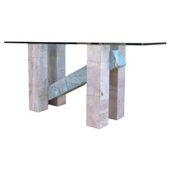 Mid Century Italian Ming Green and Pink Marble With Glass Top Console Table