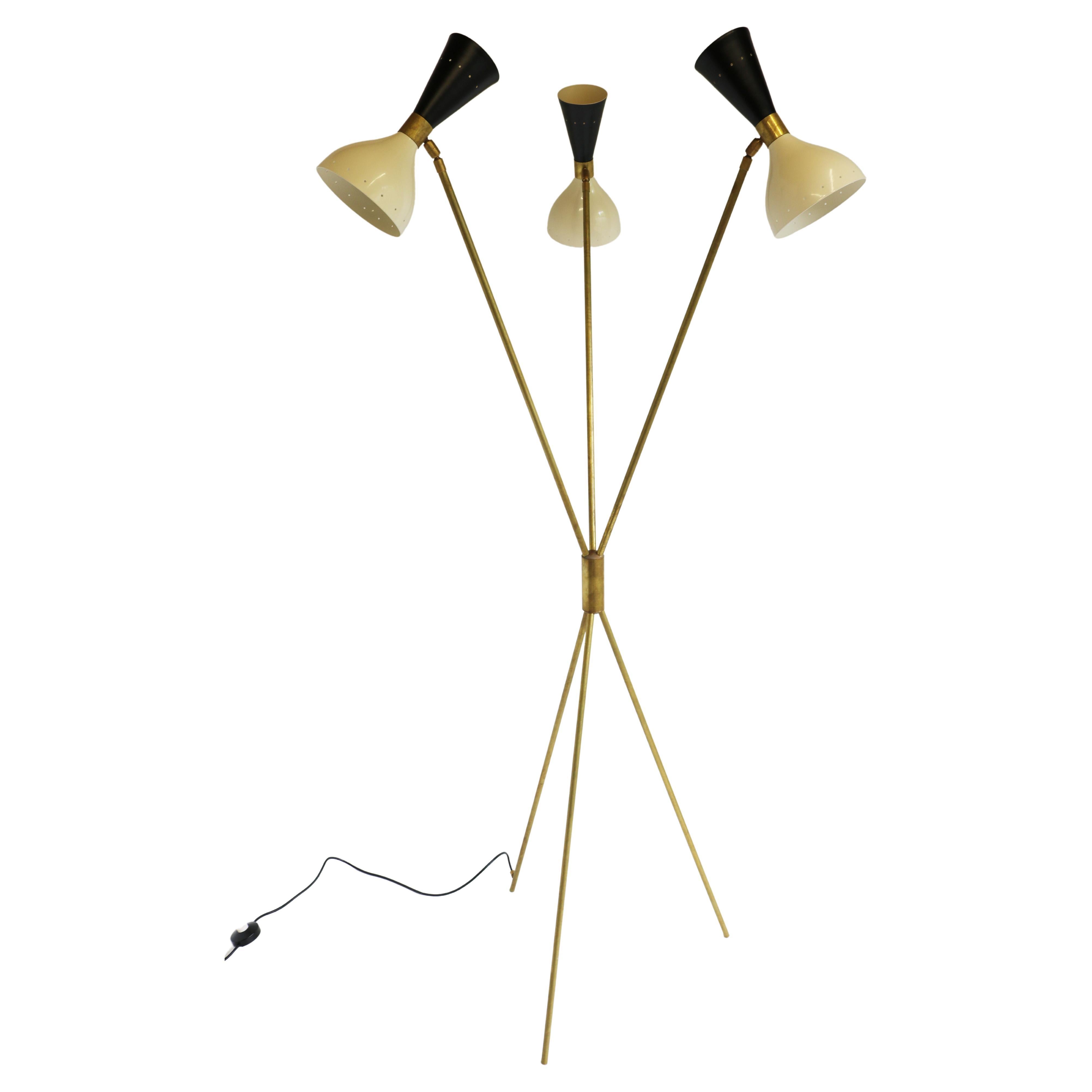 MidCentury Italian Tripod Floor Lamp, White Glass and Brass Details