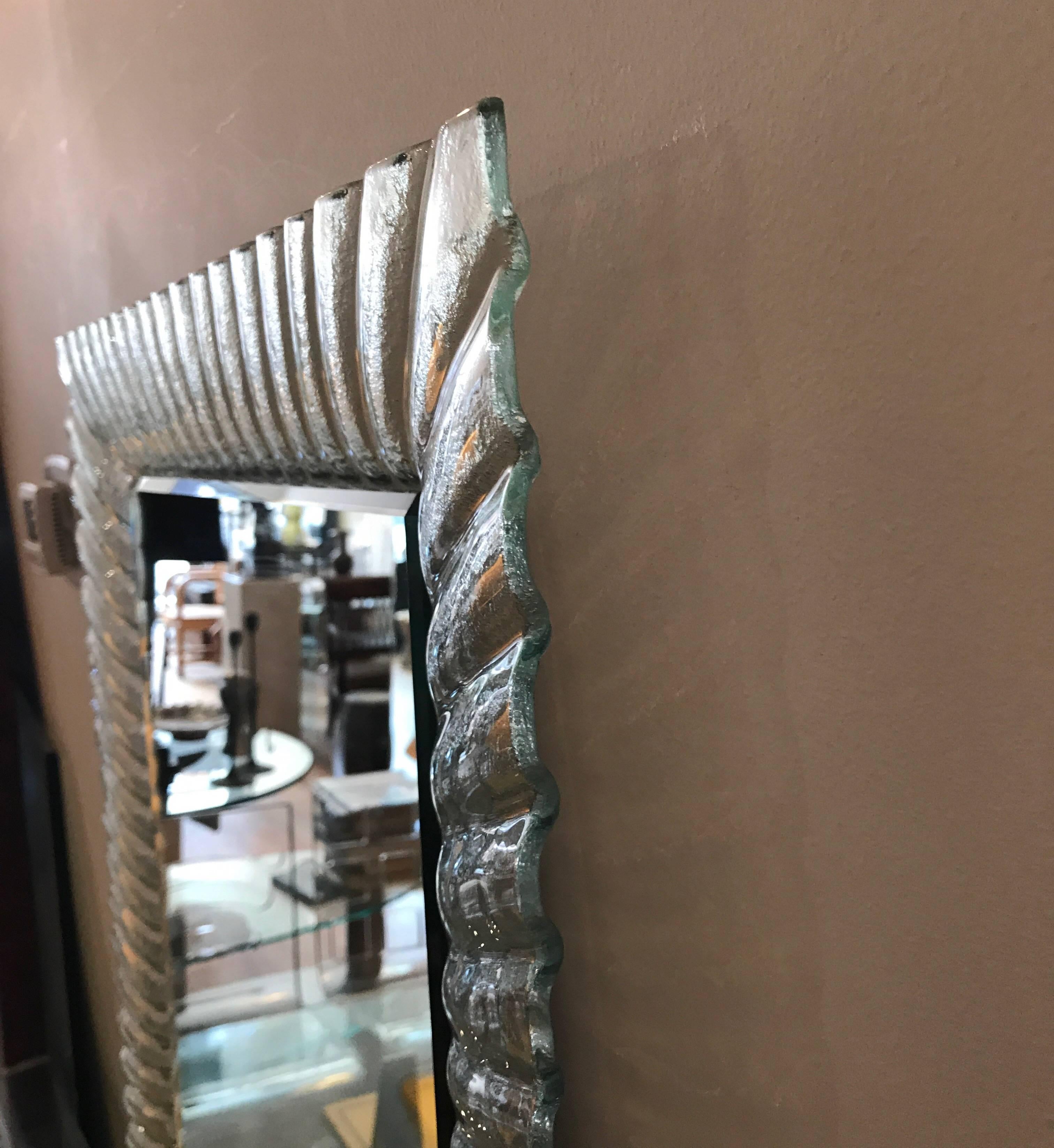 Midcentury Italian Mirror with a Fluted Clear Murano Glass Frame 1