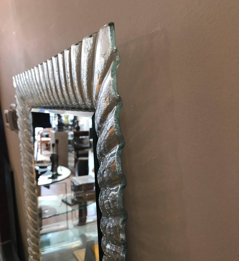 Midcentury Italian Mirror with a Fluted Clear Murano Glass Frame at