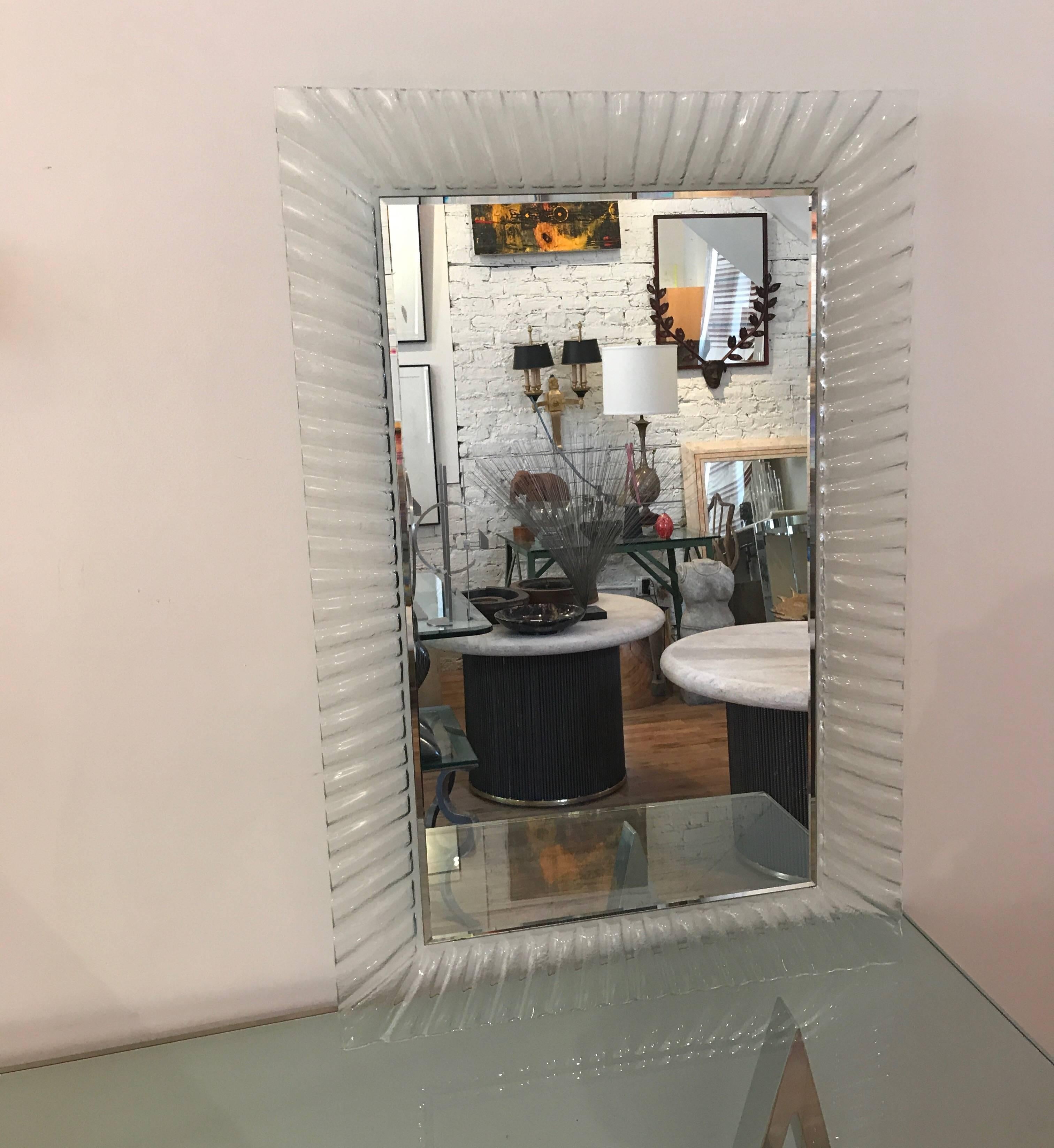 Midcentury Italian Mirror with a Fluted Clear Murano Glass Frame 4
