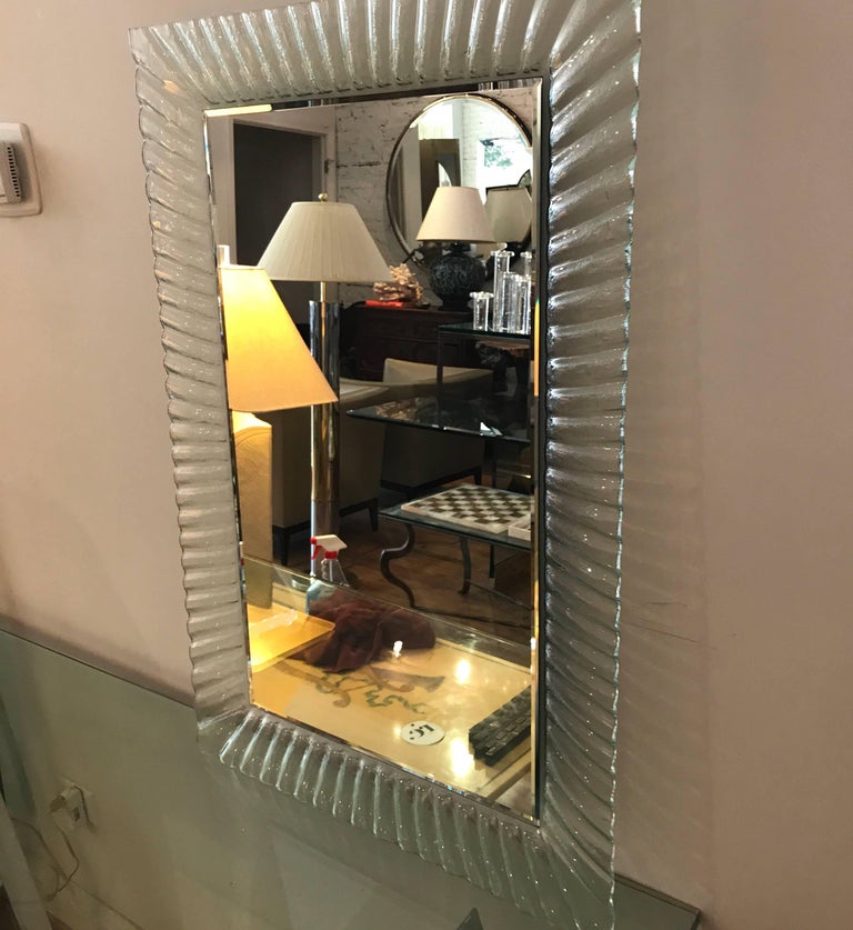 Midcentury Italian Mirror with a Fluted Clear Murano Glass Frame at