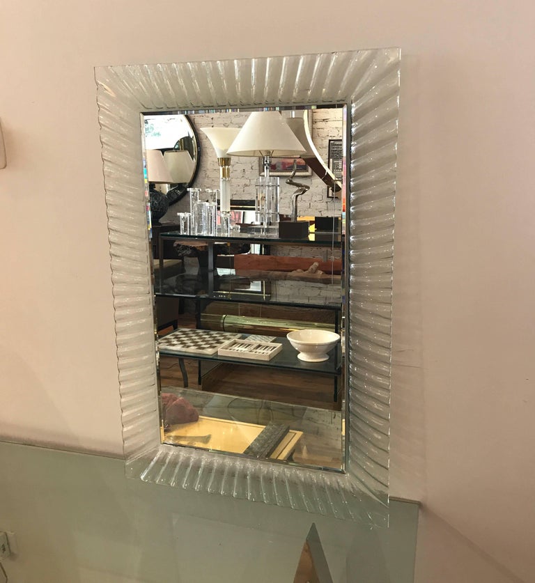 Midcentury Italian Mirror with a Fluted Clear Murano Glass Frame at